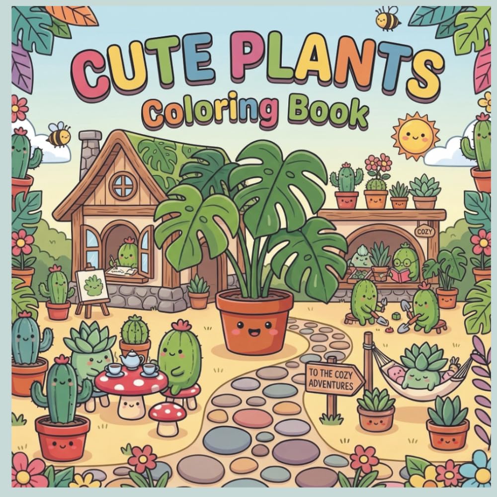 Cute Plants Coloring Book: Adorable Kawaii Plant Friends for Kids and Adults: Fun and Relaxing Scenes with Succulents, Cacti, Monstera and Cozy Garden Adventures