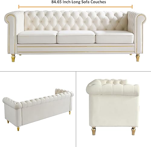 Miniatura 7 de Homtique 84" Modern Sofa Couch for Living Room, 3 Seater Couch Comfy Velvet Sofa Button Tufted Rolled Arms and Gold Legs, Chesterfield for Home