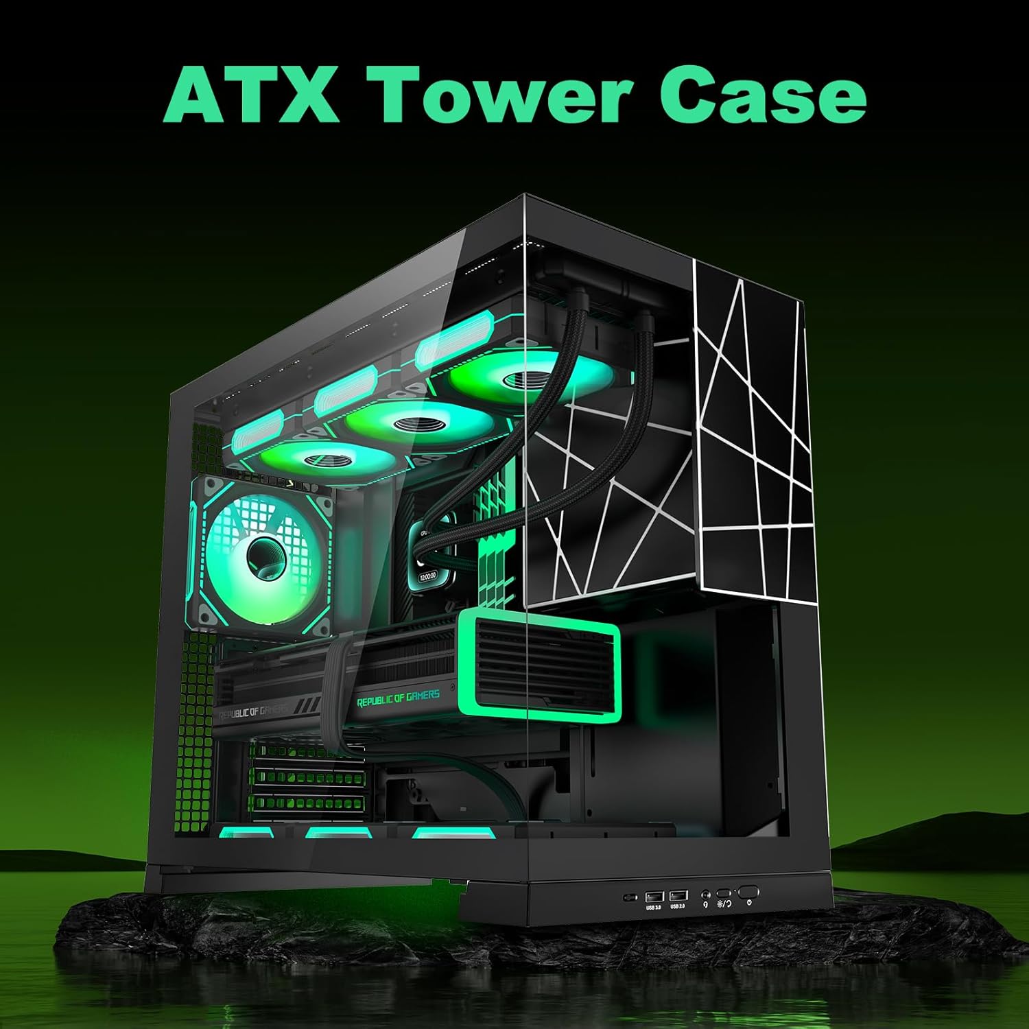 ATX Gaming PC Case, Mid Tower Computer case with Dual Chamber for Cable Management, 270° Panoramic Unique Desktop Chassis, Rear ARGB Fan pre-Installed, for BTF ATX/MATX Mobo, 360 AIO