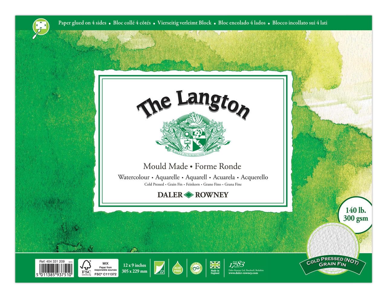 Daler-Rowney The Langton Watercolour Paper, Cold Pressed, 300 gsm, 140lb, Pad, Glued 4 Sides, 12 x 9in - 30.5 x 22.9 cm, Natural White, 12 Sheets