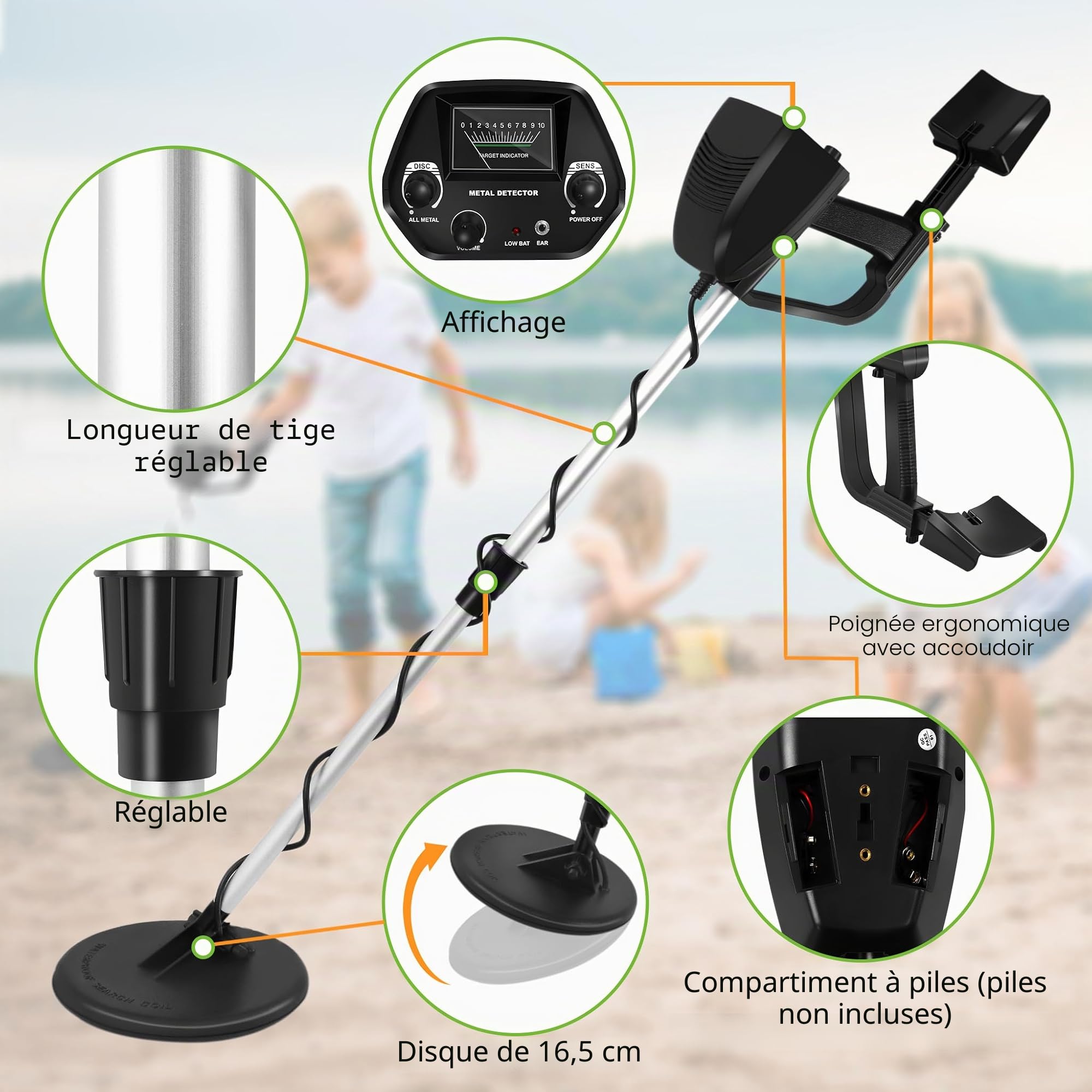 YRHome Kit de détecteur de métaux léger - 2 modes - Bobine de recherche - Sac de transport - Casque - Hauteur réglable - 30 cm