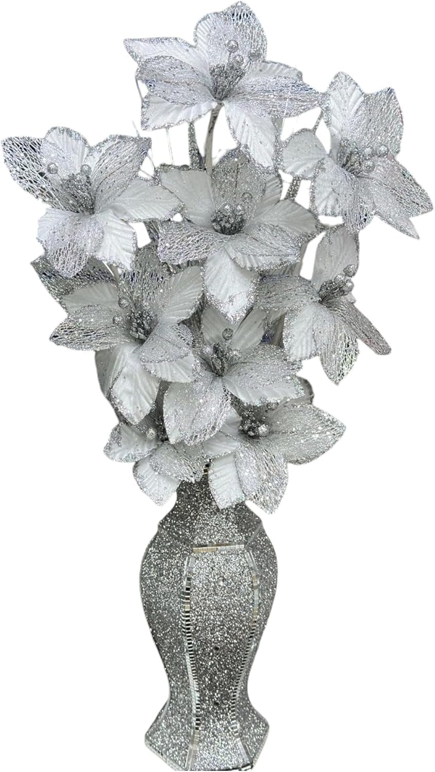 Decorative Silver Glitter Mosaic Vase with White Artificial Flowers, Sparkle Home Ornament