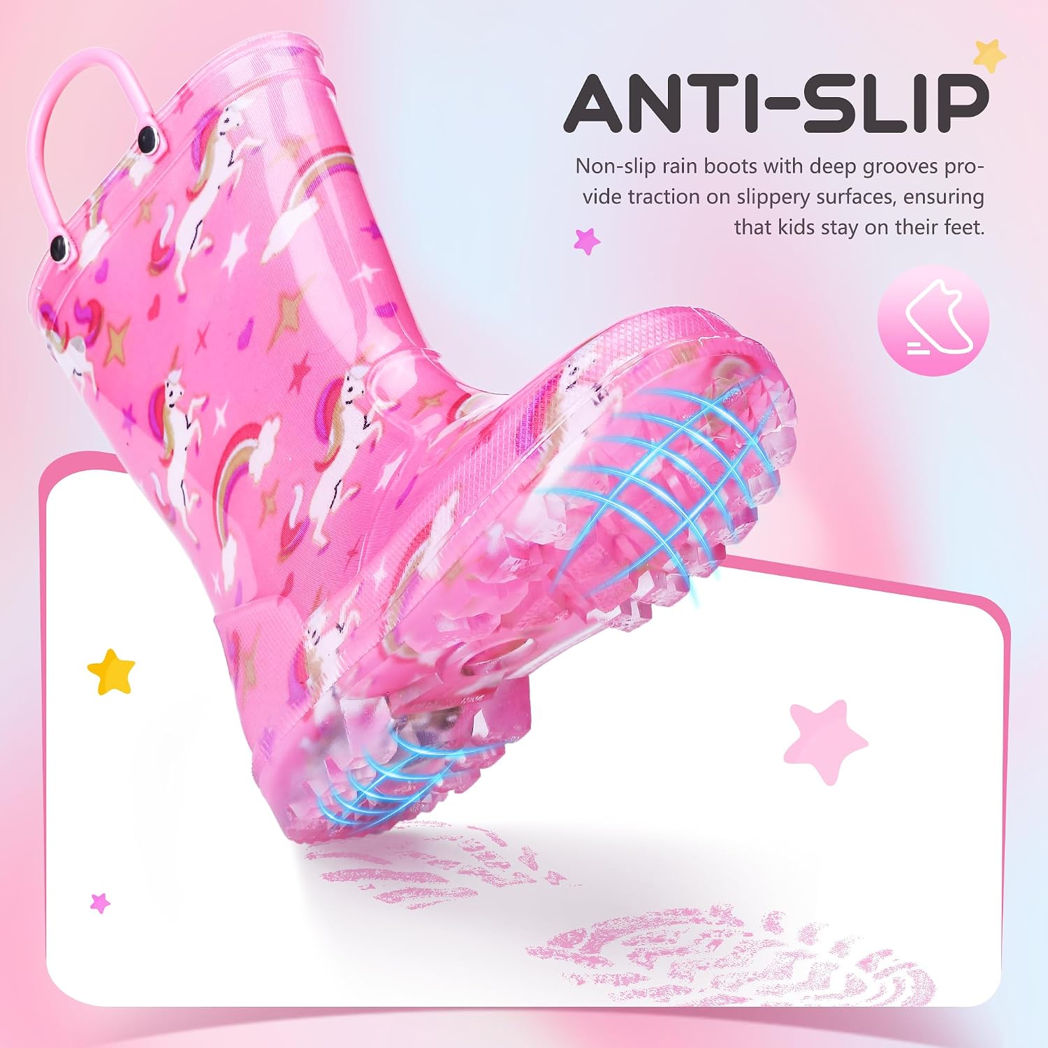 Funspread Rain Boots for Girls Toddlers - Light Up Kids Rainboots Boots Waterproof Lightweight Rain Shoes with Handles (Toddler/Little/Big kids)