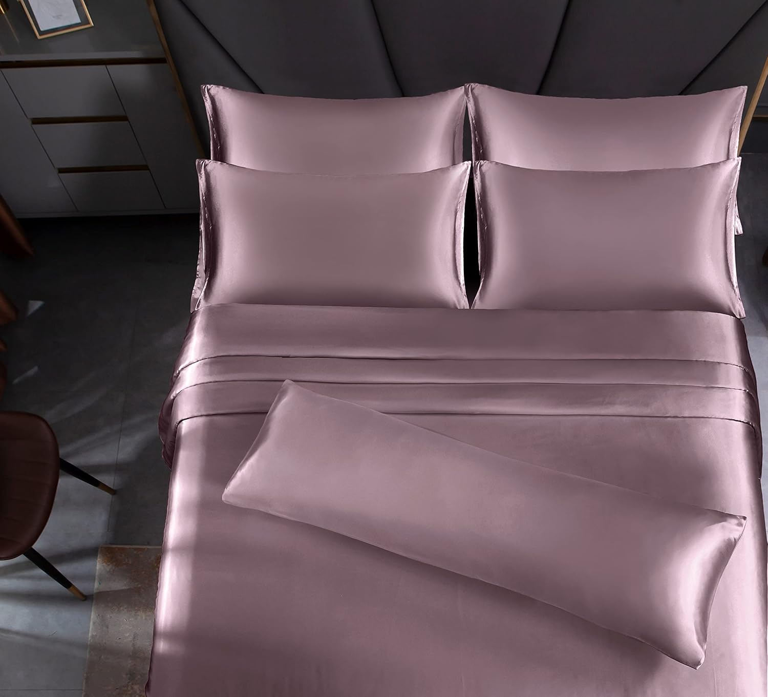 Homiest 7-Piece Satin Sheets - King Size Bedding Set, Deep Pocket Fitted, Flat Sheet, 4 Pillowcases, Body Pillowcase - Lavender Luxury Silky Satin