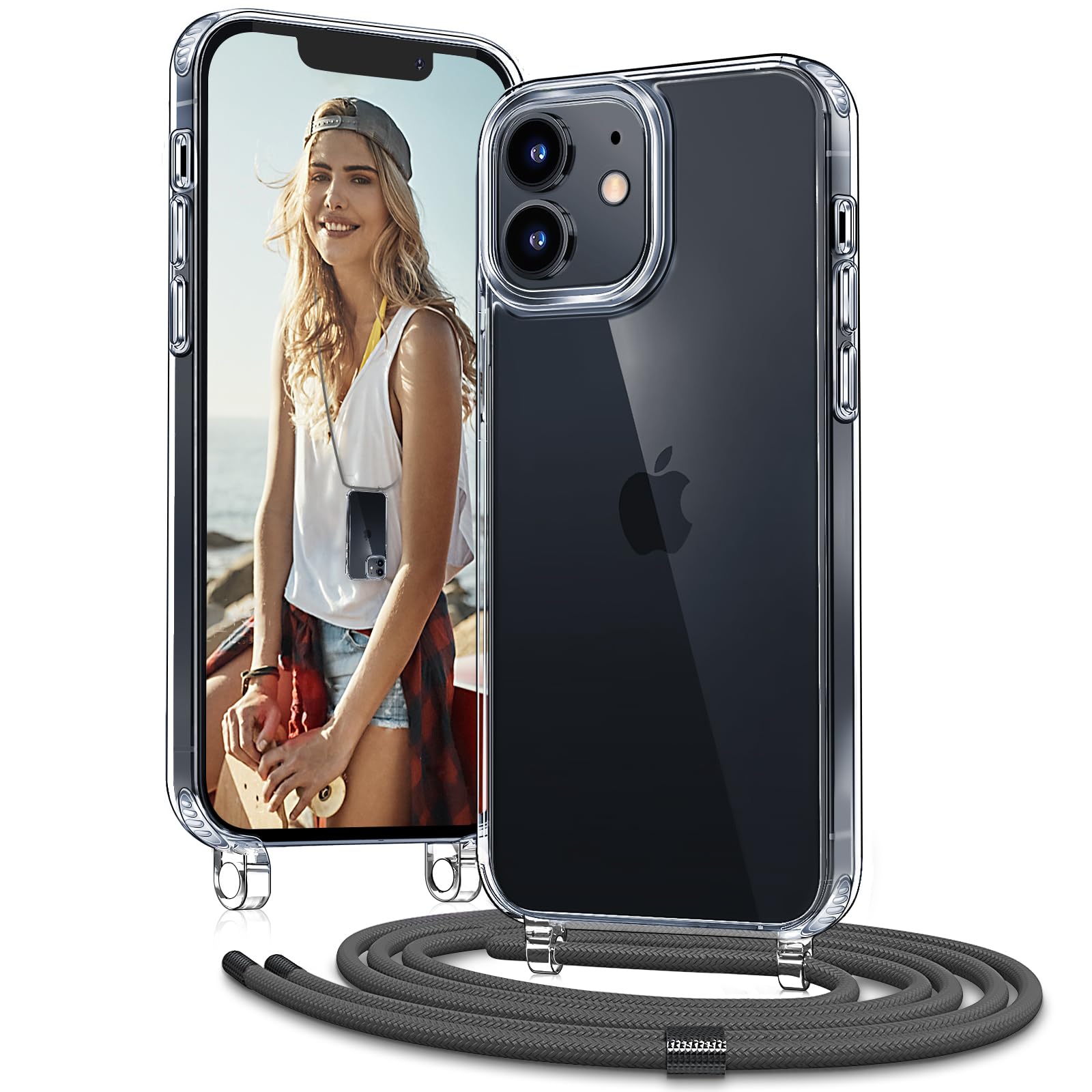 Vaykwo Handykette für Apple iPhone 12 Hülle mit Band und iPhone 12 Pro Hülle mit Band - Necklace Handyhülle - Transparente Case zum Umhängen mit Kameraschutz und Bildschirmschutz - Rosa