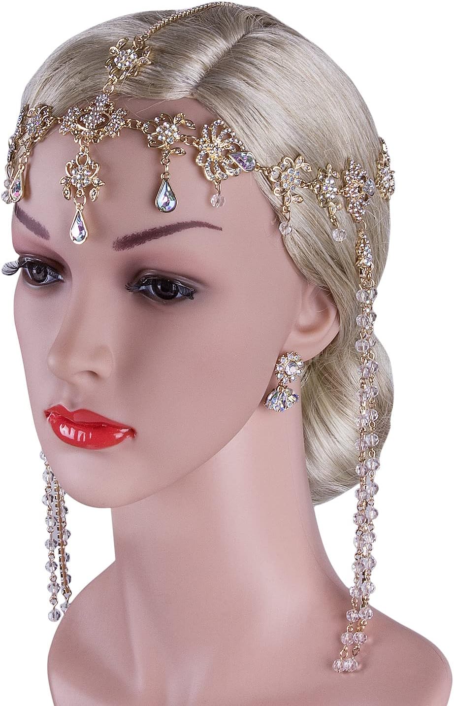 Vijiv 1920s Flapper Headpiece + Earrings Crystal Rhinestone Head Pieces Roaring 20s Great Gatsby Accessories Wedding Party