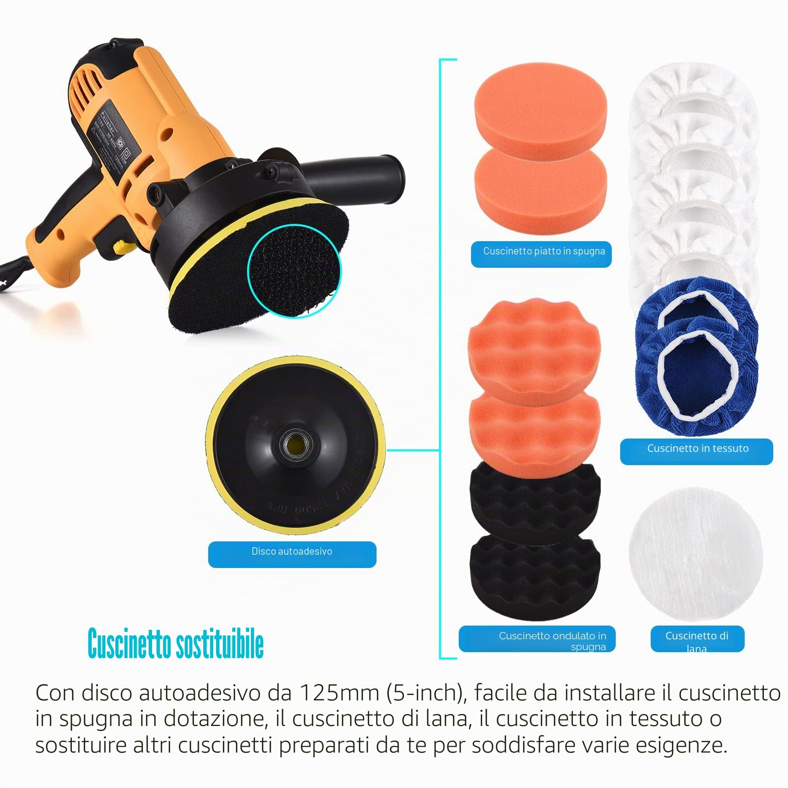 Weytoll Lucidatrice Auto, 700W 125mm Lucidatrice variabile per auto con buffer 600-3700 giri/min con impugnatura ausiliaria in spugna di lana per cofano
