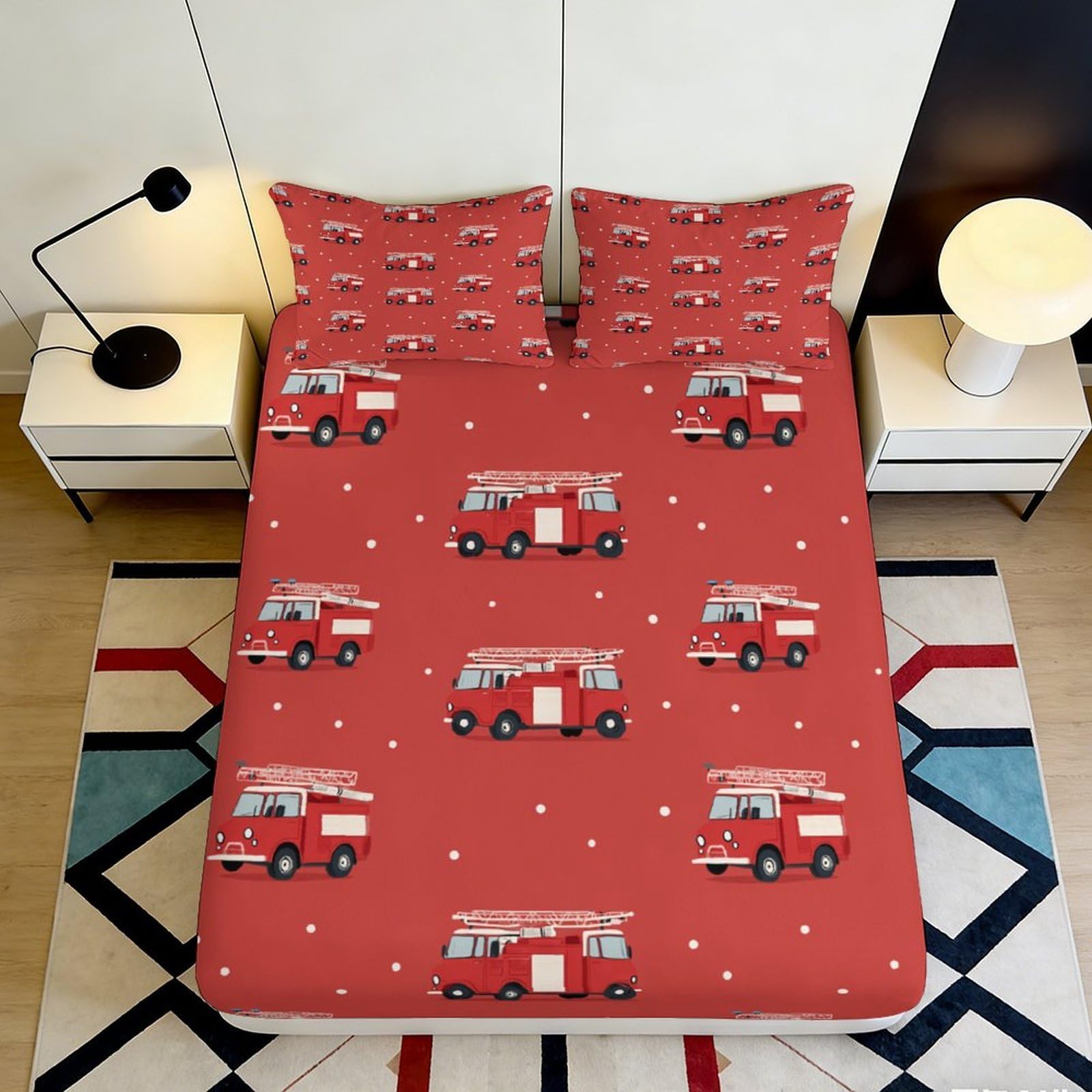 3D Printed Fire Truck Pattern Fitted Sheet Microfiber Durable Soft 3D Printed Fire Engine Mattress Cover for Bedroom Dormitory Guest Room Bed Protection 120x200x25cm