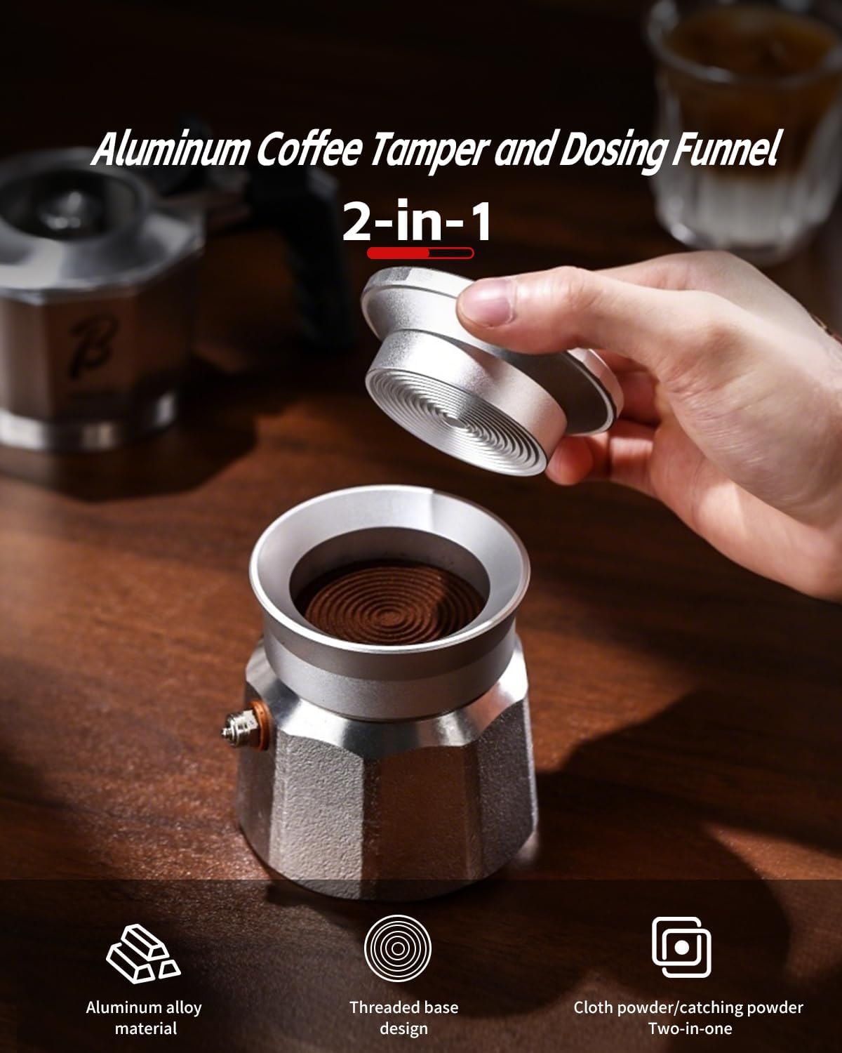 Bincoo Aluminum Coffee Tamper for Moka Pot,Italian Coffee Maker Dosing Funnel For Moka 2 Cups (Sliver)
