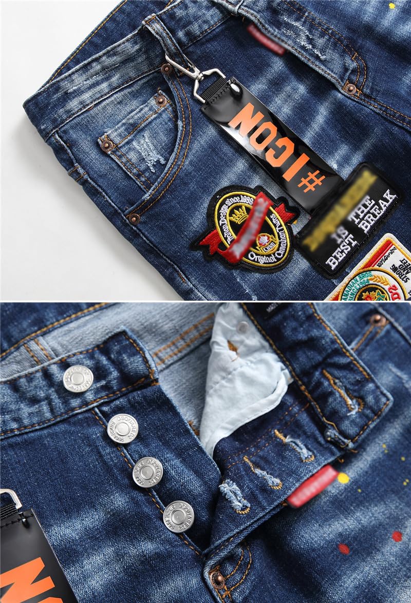 Jeans Uomo Slim Fit Strappati - Pantaloni in Denim Elasticizzato con Effetto Vernice Schizzata, Design Streetwear Ricamati Y2K, Stile Hip-Hop Casual per Outfit alla Moda