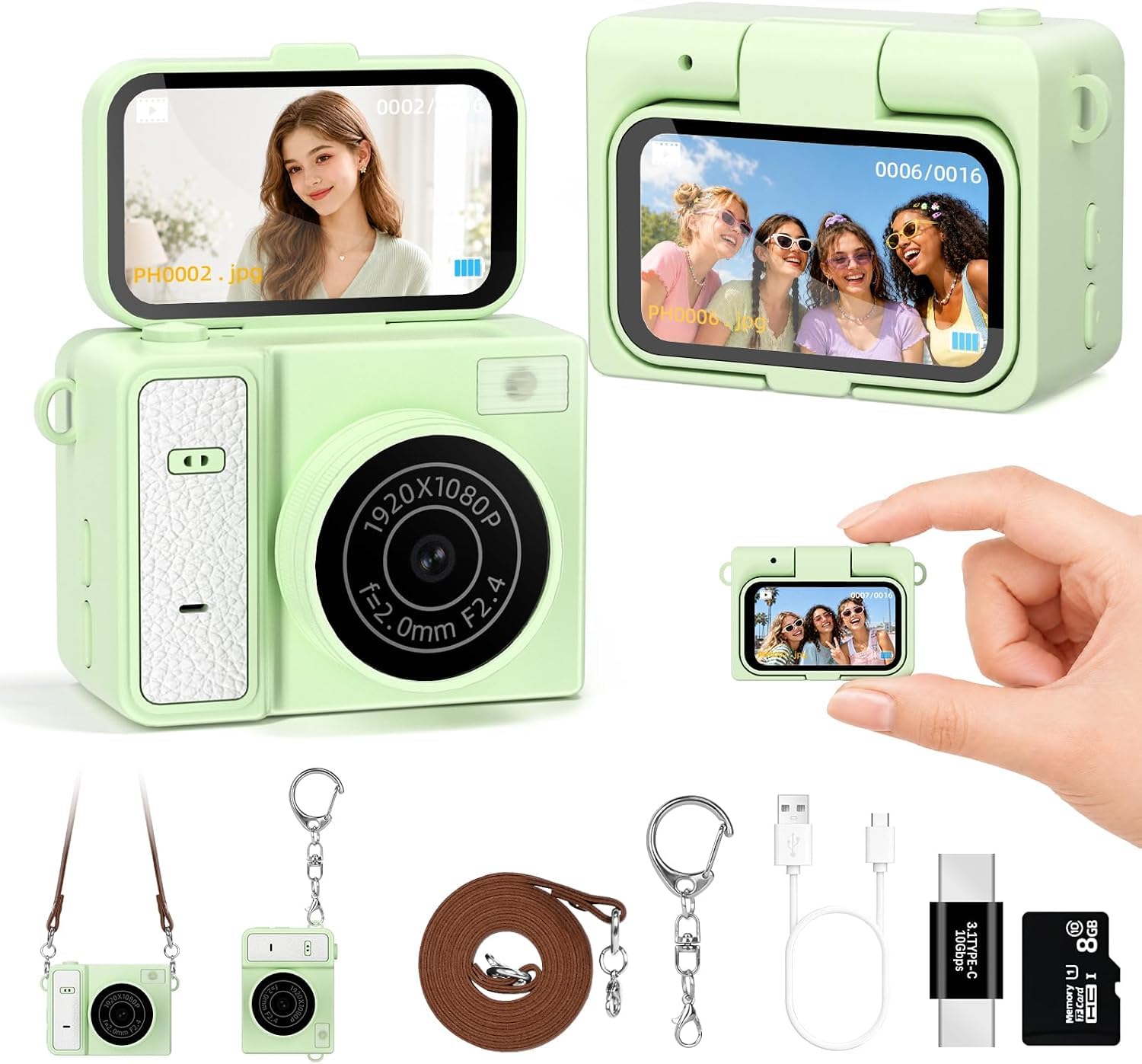 Mini fotocamera con portachiavi, fotocamera digitale portatile 1080P con LCD flip da 1,47", fotocamera retrò da collezione per viaggi, feste, compleanni (verde)