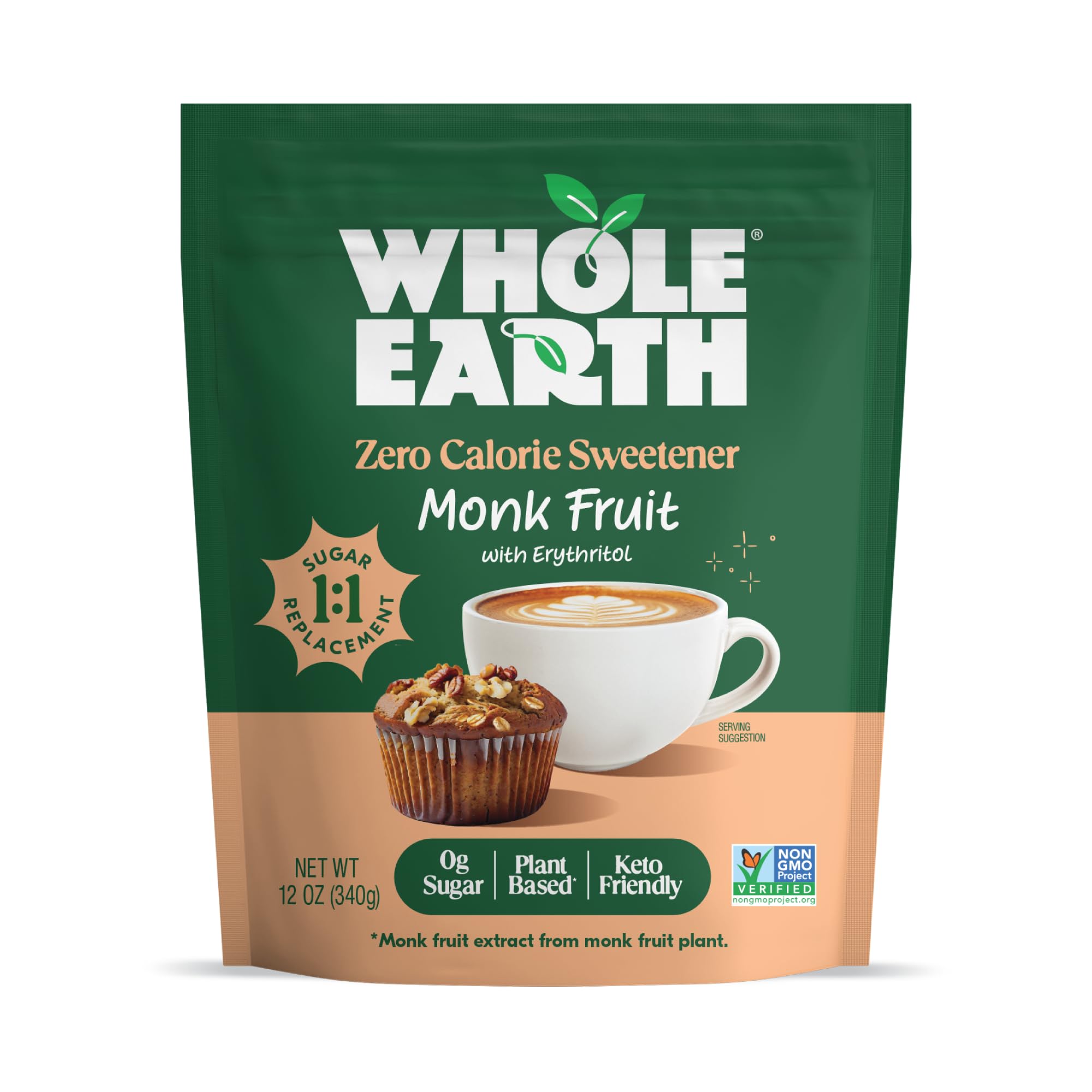 Whole Earth Sweetener Co. monk fruit with erythritol, plant-based sugar alternative, 12 ounce pouch (340g).