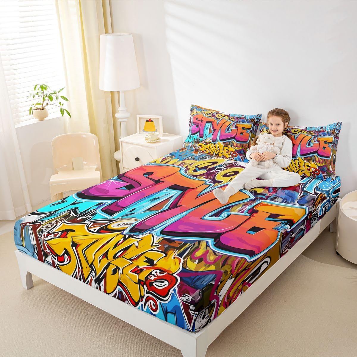 Erosebridal Hip Hop Fitted Sheet Deep Pocket Full Size, Graffiti Style Bedding Set for Kids Boys Girls Street Culture Bed Sheet Grunge Watercolor Spraying Bed Cover for Teens with 2 Pillow Cases