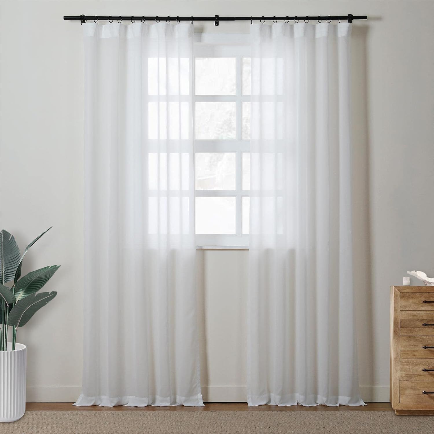 TWOPAGES White Leaf Sheer Curtain 63 Inches Long 4 in 1 Top Voile Window Treatment Panel Light Filtering Transparent Drape for Bedroom Living Room (1 Panel, 50Wx63L)