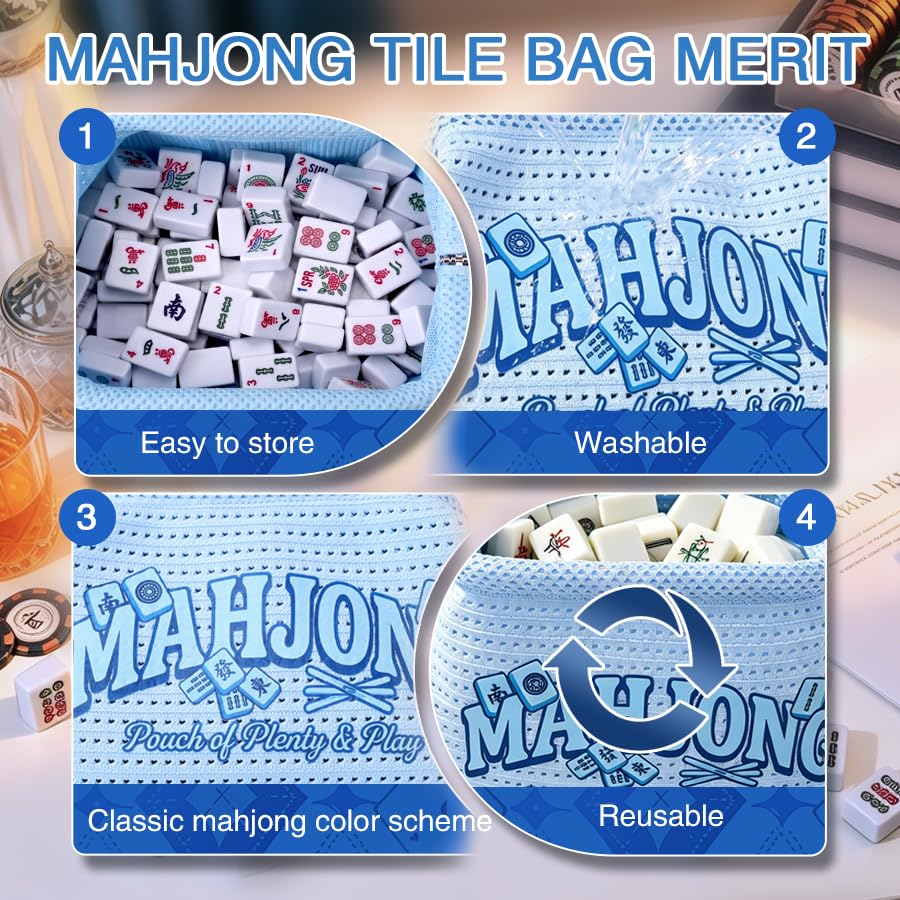 Bolsa para piezas de Mahjong portátil azul claro miniatura 3