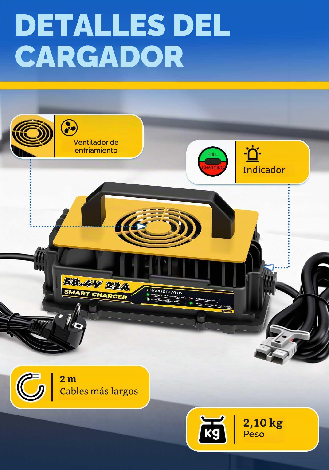 58,4V 22A Cargador de Batería Litio para 48V (51.2V) LiFePO4 Baterías, 48V Cargador de Batería LiFePO4 para Autocaravanas, Barcos, Vehículos Marinos y Sistemas Solar
