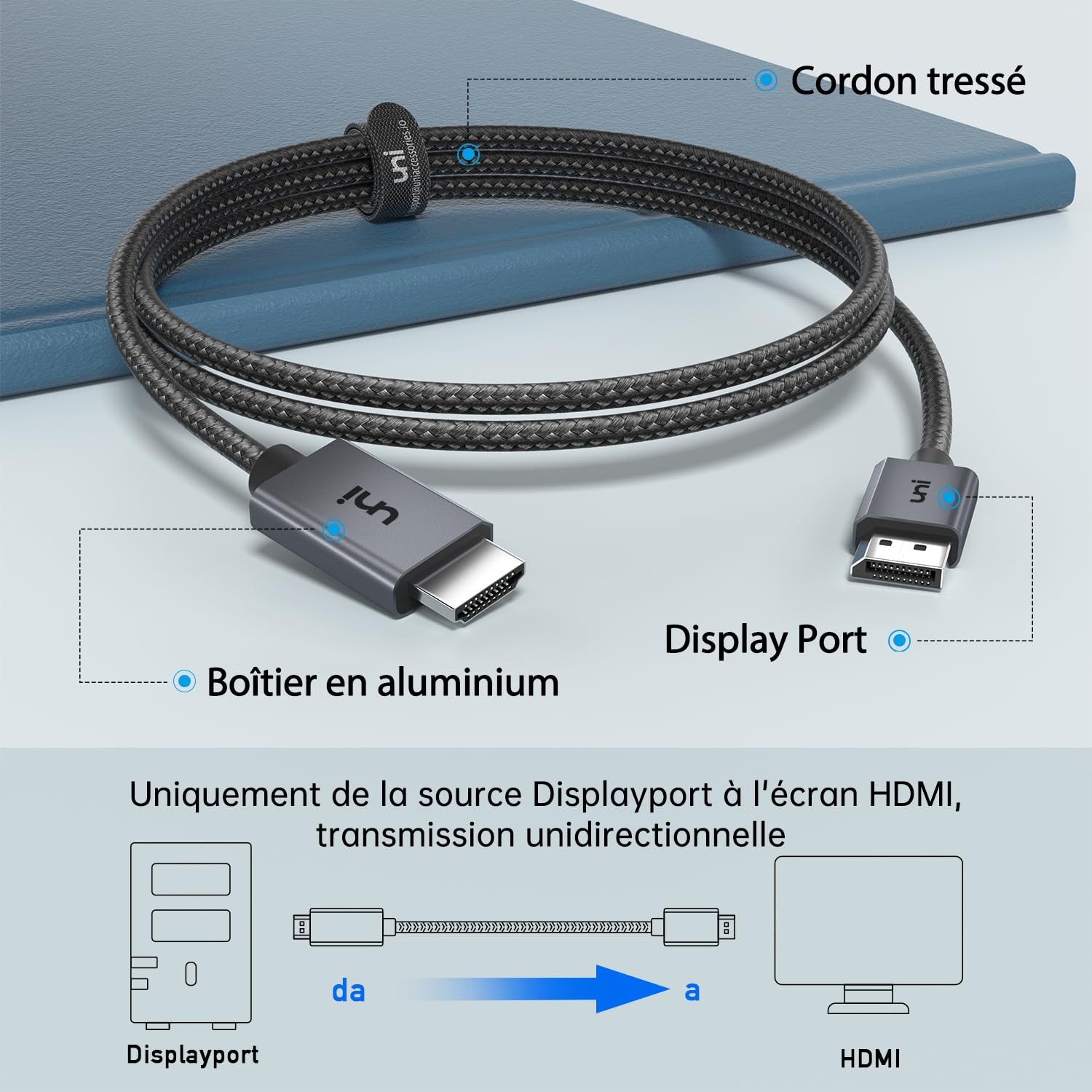 Câble DisplayPort Vers HDMI 4K 2m - Nylon Tressé, Alu - Pour PC, Moniteur, TV, Gaming