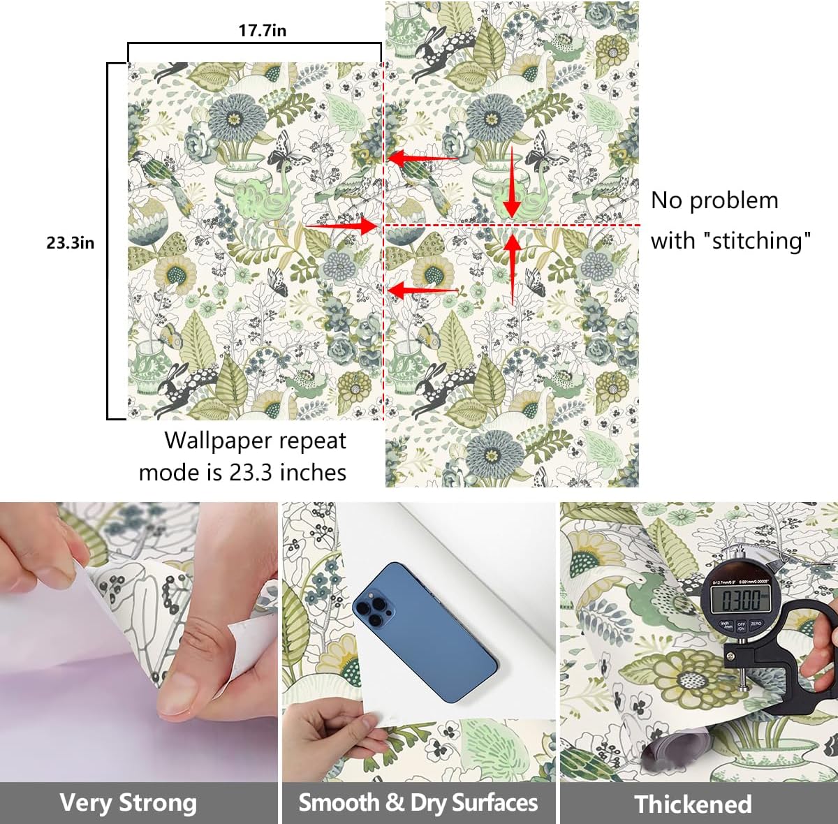 Wudnaye Floral Peel and Stick Wallpaper Floral Kitchen Contact Paper 17.7inch × 393.6inch Green Stick and Peel Wallpaper Plants Flower Wall Paper Decorative for Bathroom Shelves