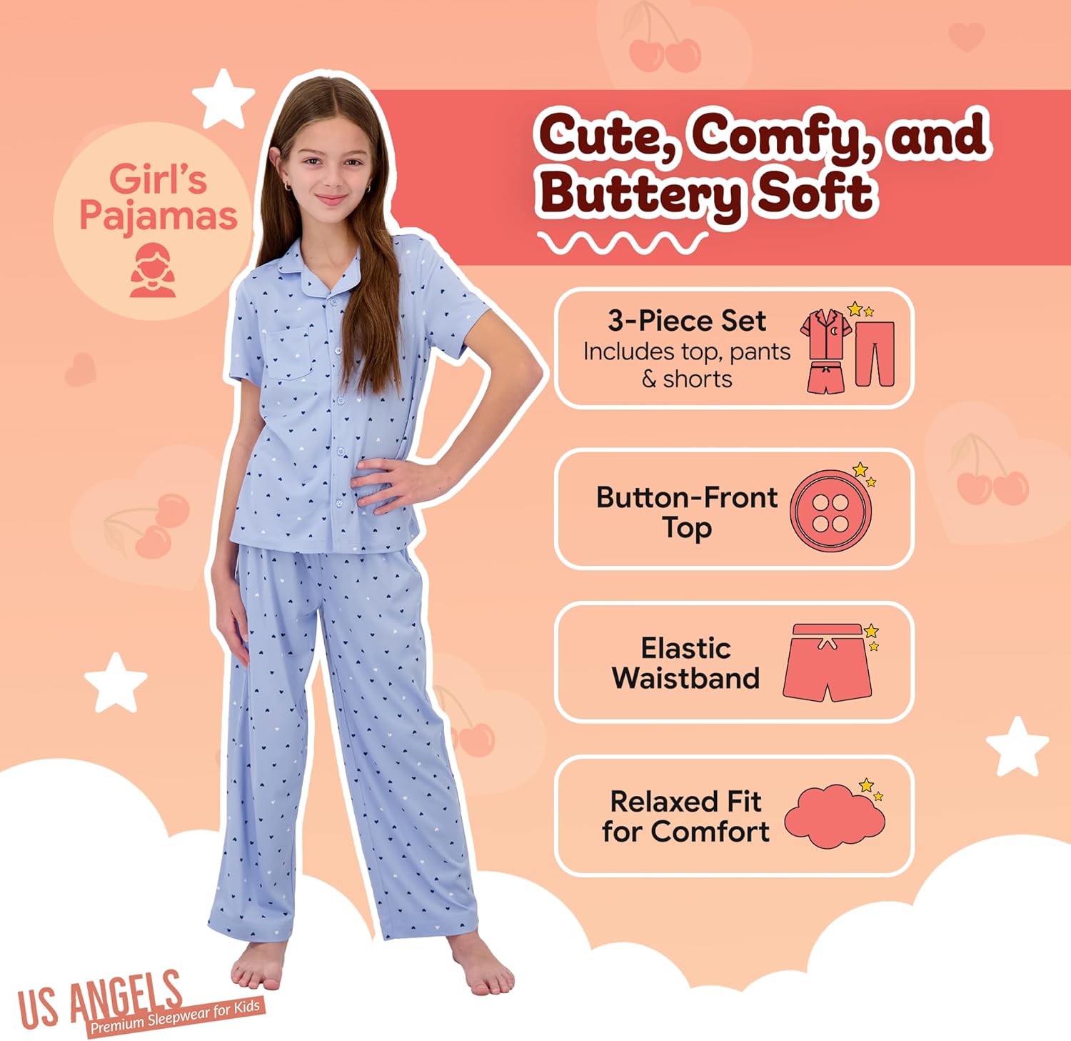 US Angels Girls Ultra Soft Button Down Pajamas, 3 Piece Pajama Set, pjs for teen girl, Size 7-16 - Image 2