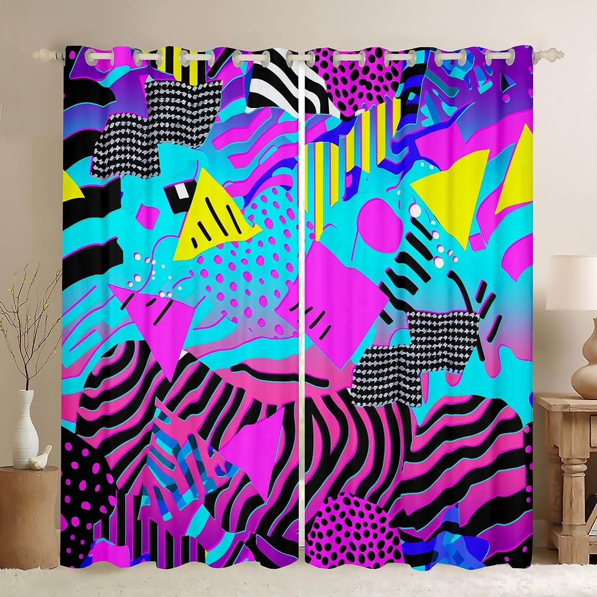 Retro 80S Style Curtains 76"X45",Abstract Geometric Pattern Blackout Curtains Urban Modern Design With Circles and Rectangle Curtains & Drapes Colorful Pop Art Draperies 80s print window curtains