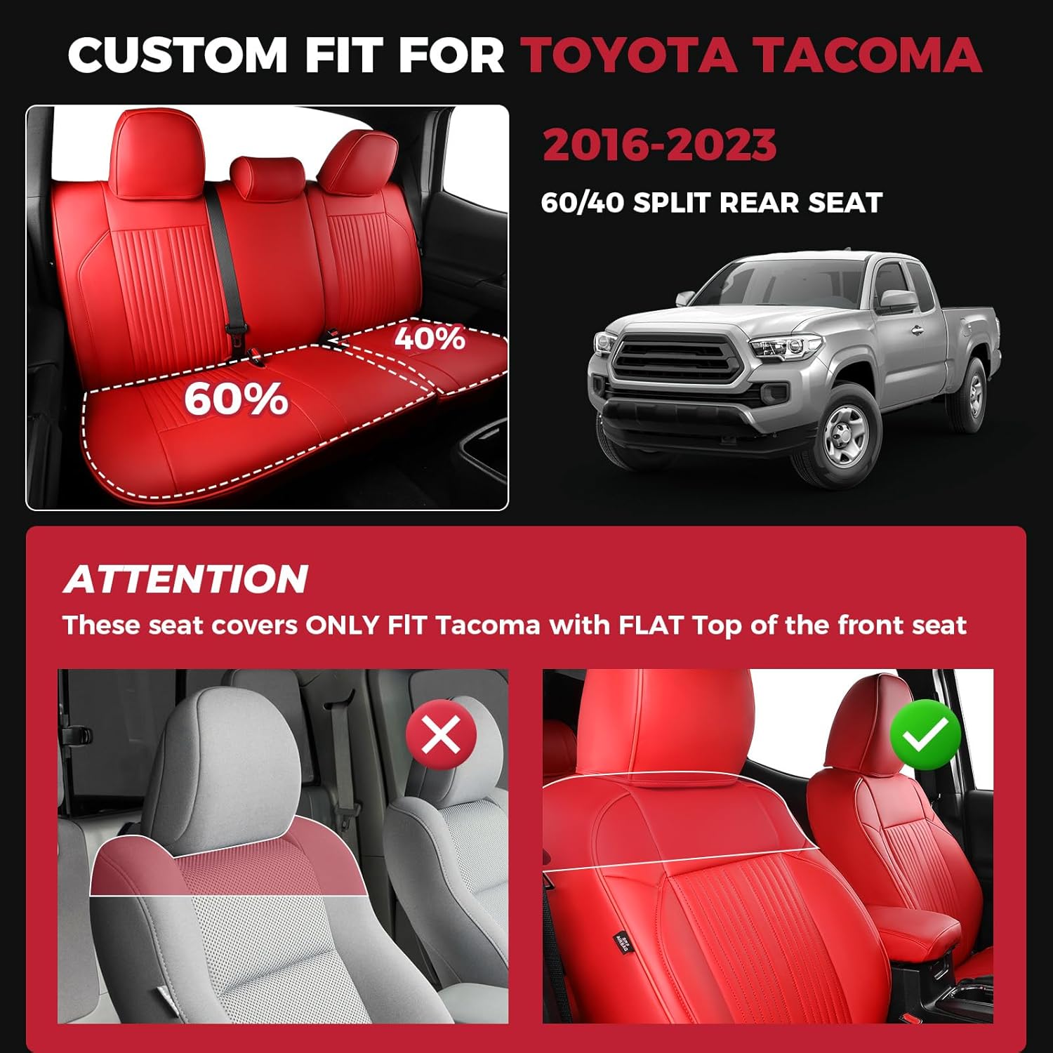 FREESOO Leather Car Seat Covers Fit for Toyota Tacoma 2016-2023 Full Coverage Seat Cover for Double/Crew Cab SR/SR5/Limited/TRD Pro/TRD Sport, Pickup Truck Seat Covers (5 Seats, Red)