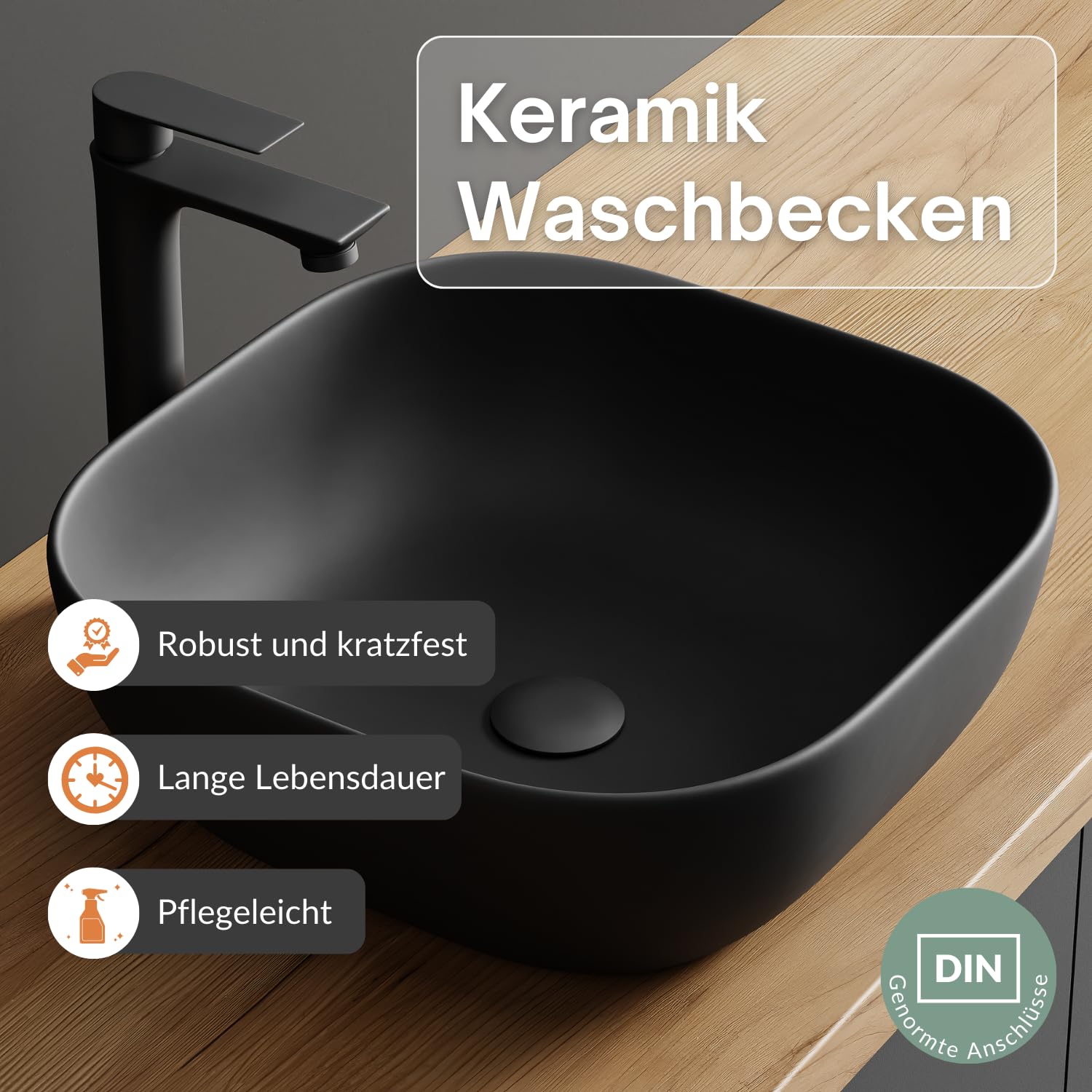 Planetmöbel Astra Badmöbel Set mit Waschtisch 60 cm mit 1x Seitenschrank Gold Eiche Anthrazit, Aufsatzwaschbecken 42 cm schwarz, Spiegel (mit LED) 50cm