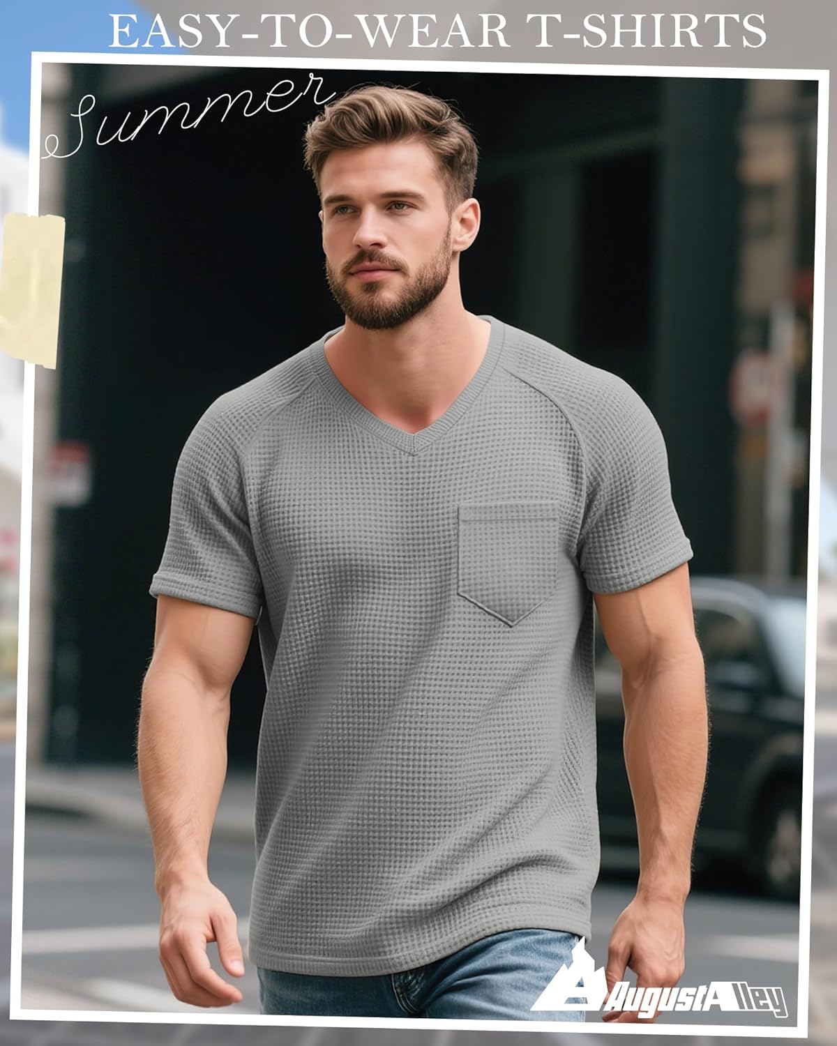 3 Pack Big and Tall Men's V Neck T-Shirts Waffle Knit Short Sleeve Basic Plus Size Tee Casual Top with Pocket(Black, Army Green, Gray,XX-Large) - Image 3