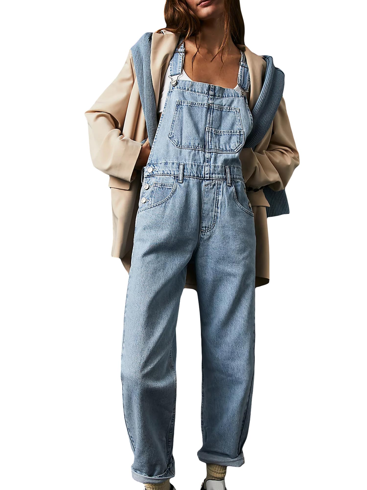 Achlibe Damen-Denim-Overall, Jeans-Overall, lässiger Strampler, verstellbarer Riemen, konisches Bein, Latzhose, Baggy-Latzhose