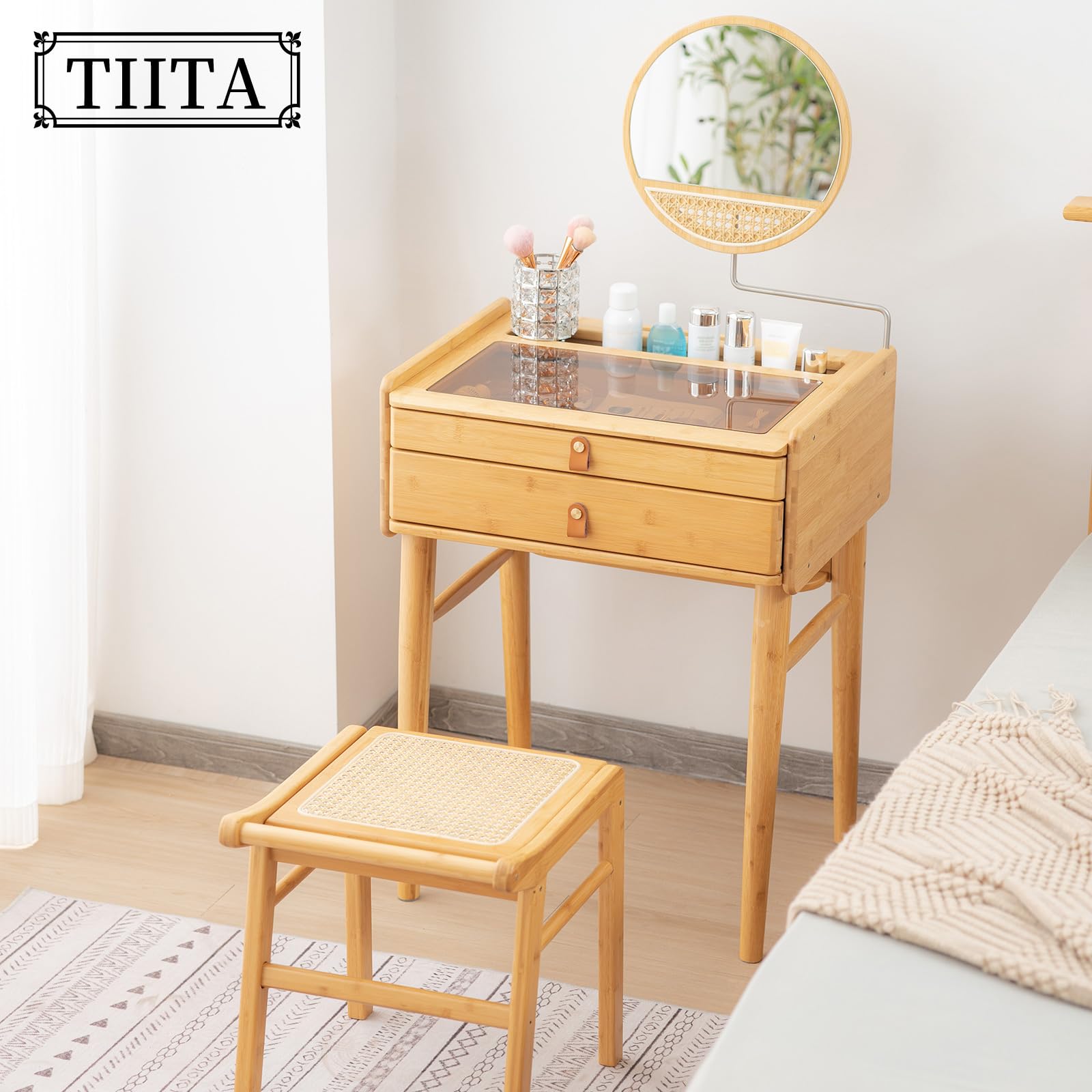Escritorio de tocador, mesa de tocador de maquillaje con espejo, tocador con 2 cajones, moderna madera para dormitorio, tocador vintage para mujeres y niñas 7