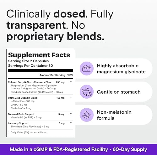 Miniatura 5 de Complejo de sueño de glicinato de magnesio – Apoyo sin formación de hábitos con L-teanina, GABA, zinc y Rhodiola – Promueve la relajación, la calma