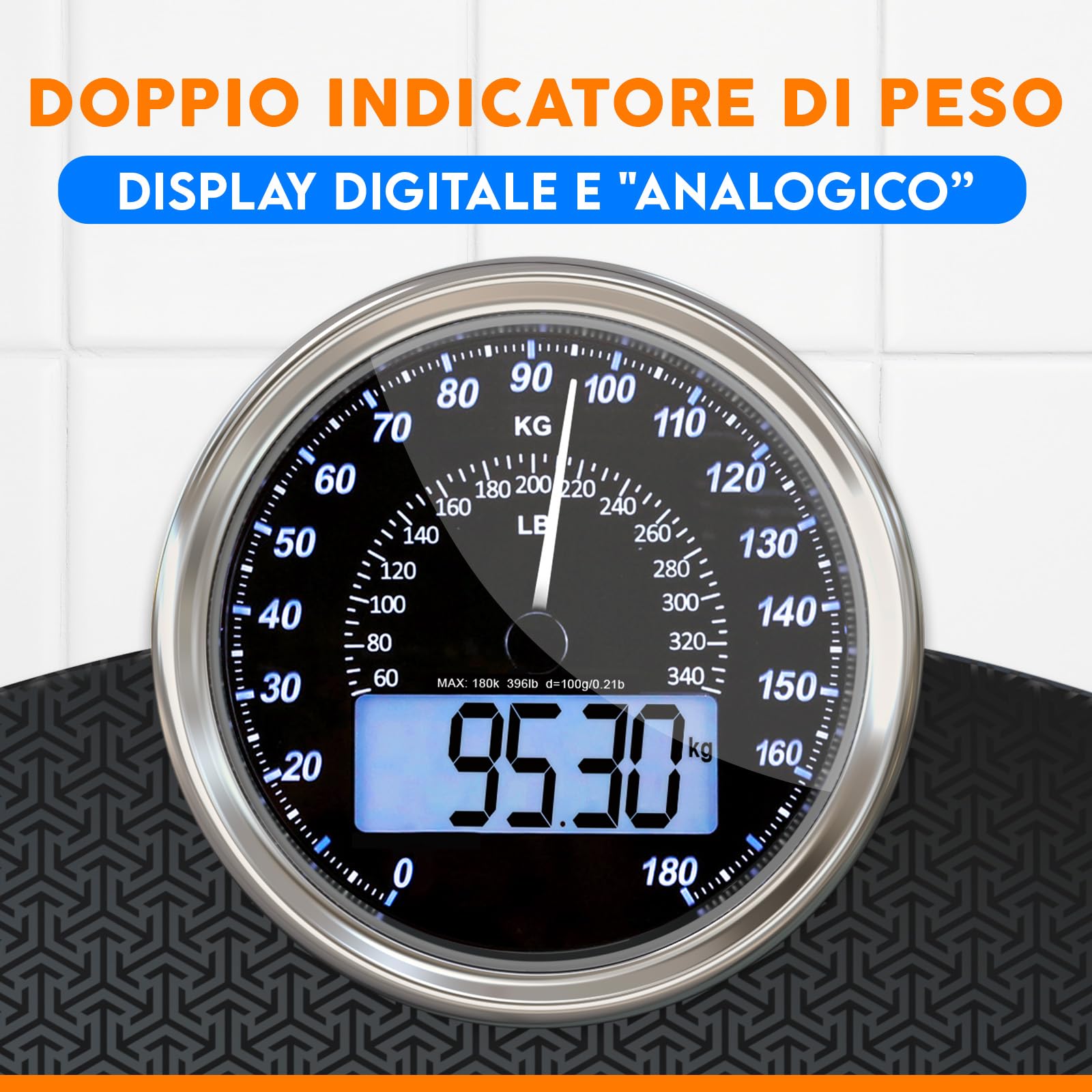 ZENO Bilancia Pesapersone Ibrida - NUOVO - Digitale & Analogica 2-in-1 - Fino a 180 kg - Ampio Display con Retroilluminazione - Robusto Vetro Temperato - Lettura Facile - Nova Nera