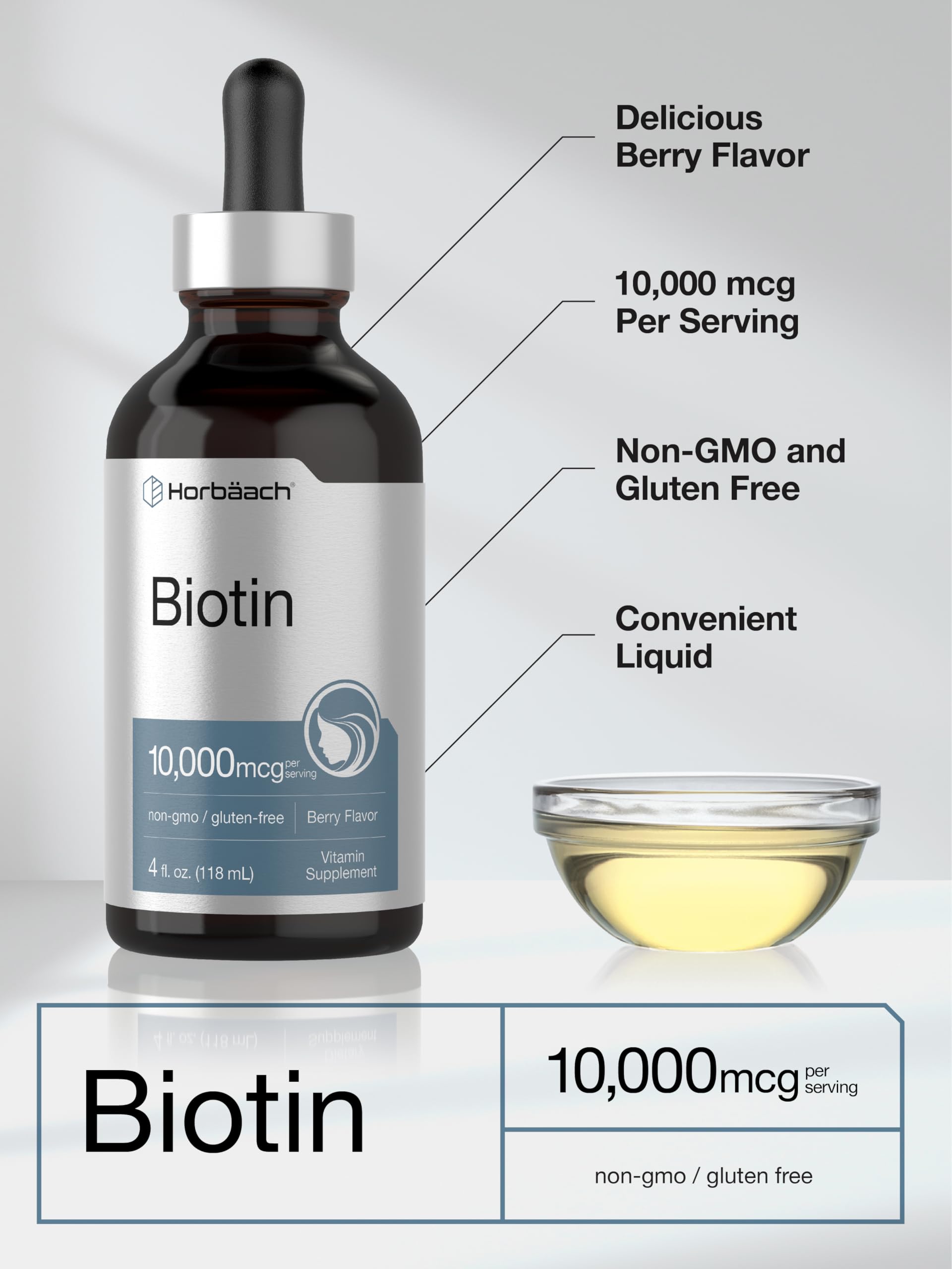 Horbäach Biotin Liquid Drops 10000mcg | 4 fl oz | Berry Flavor — Amazon image 4