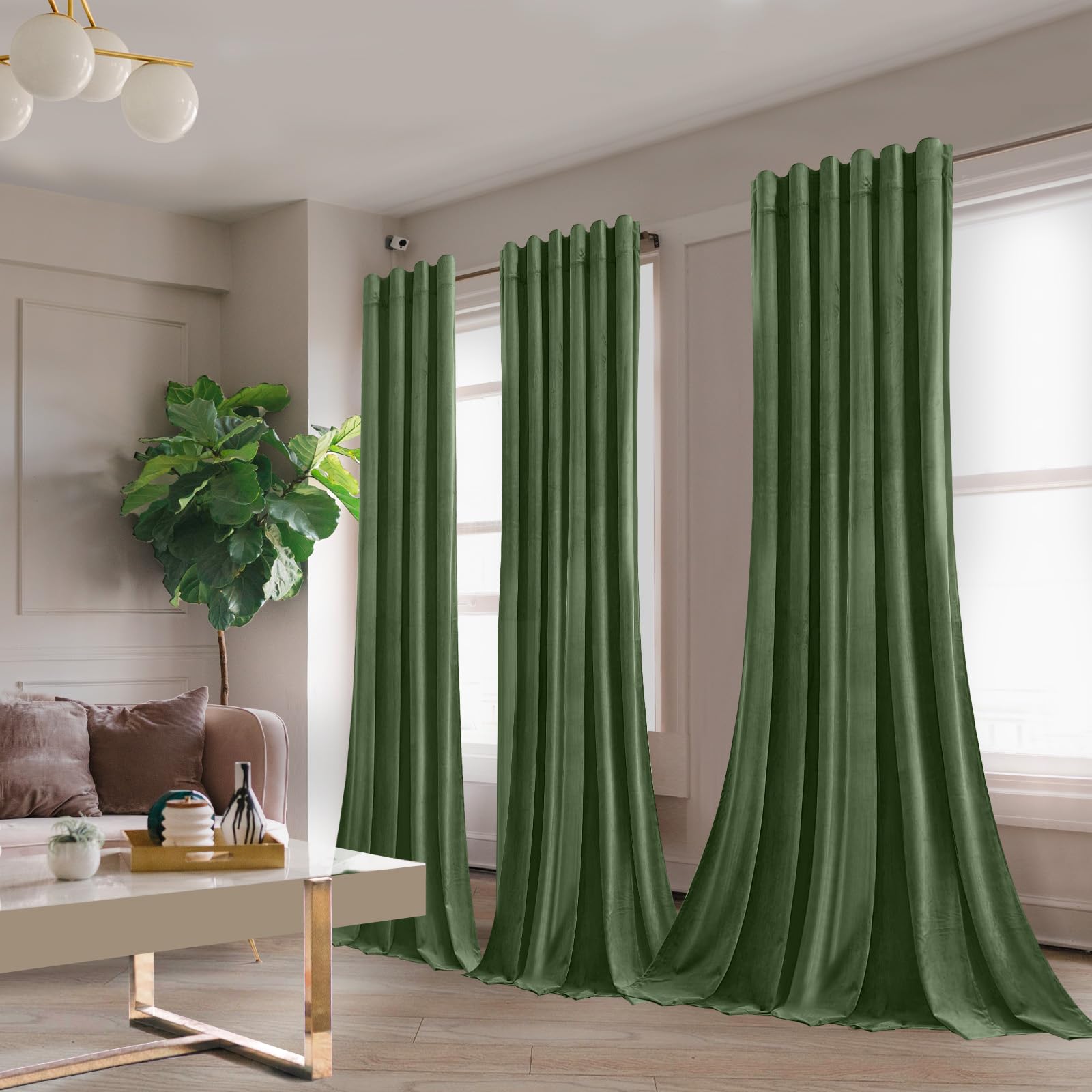 Rosnek Thermovorhang Kräuselband 2 Stück,90% Blackout Curtains Thermogardine Vorhang Samt,Verdunkelungsvorhänge übergardinen Vorhänge,Olivgrün,H244xB132CM