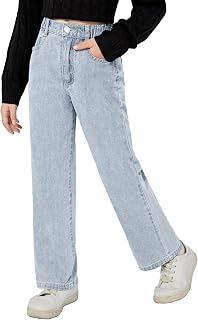 Girl's Casual High Waisted Jeans Pocket Straight Leg Long Denim Pants