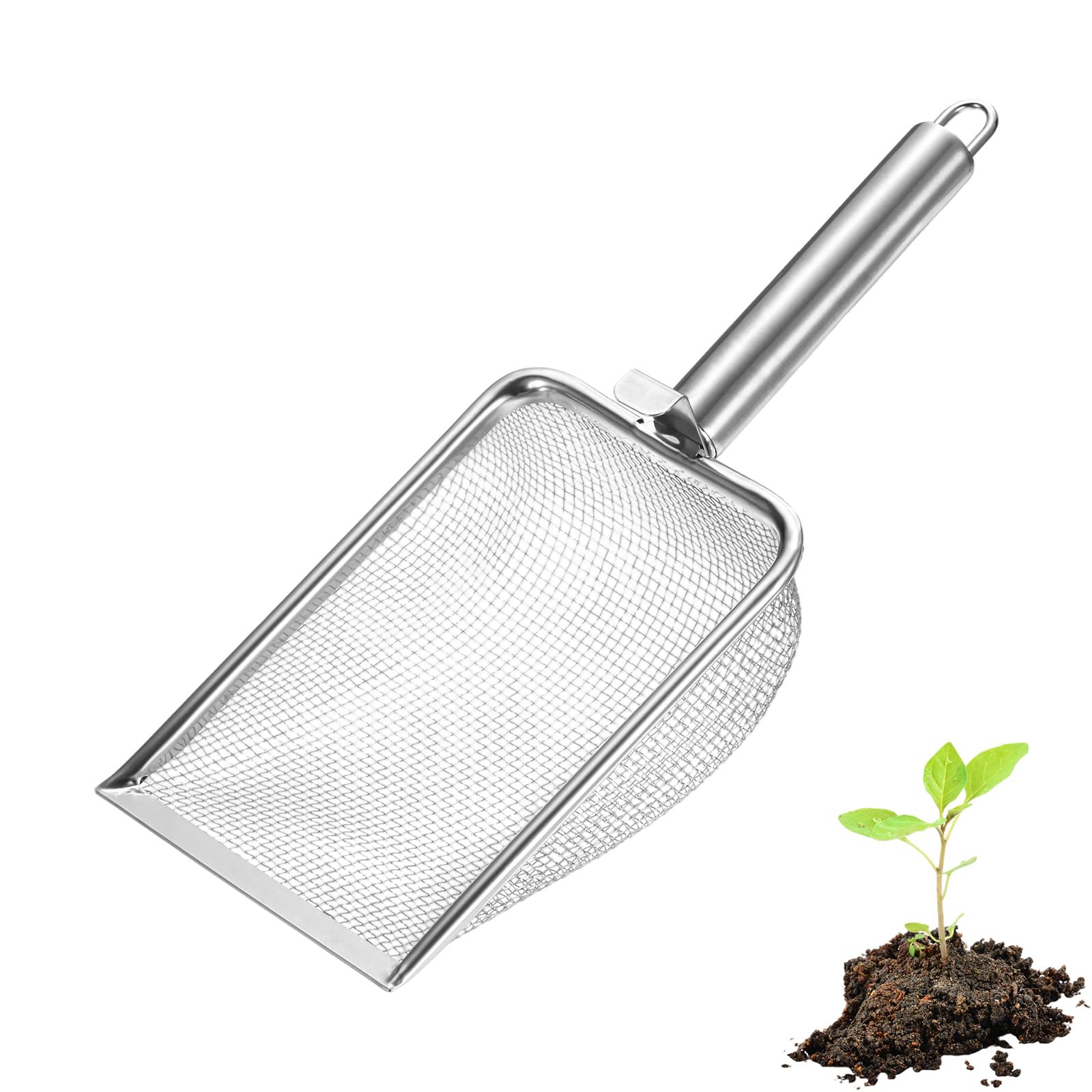 M METERXITY 1-Pack Gardening Soil Sifter, 2.5 mm Mesh Stainless Steel Sand Soil Compost Sieve with Round Stainless Steel Handle for Sand/Dirt/Rock Compost [Silver Tone]