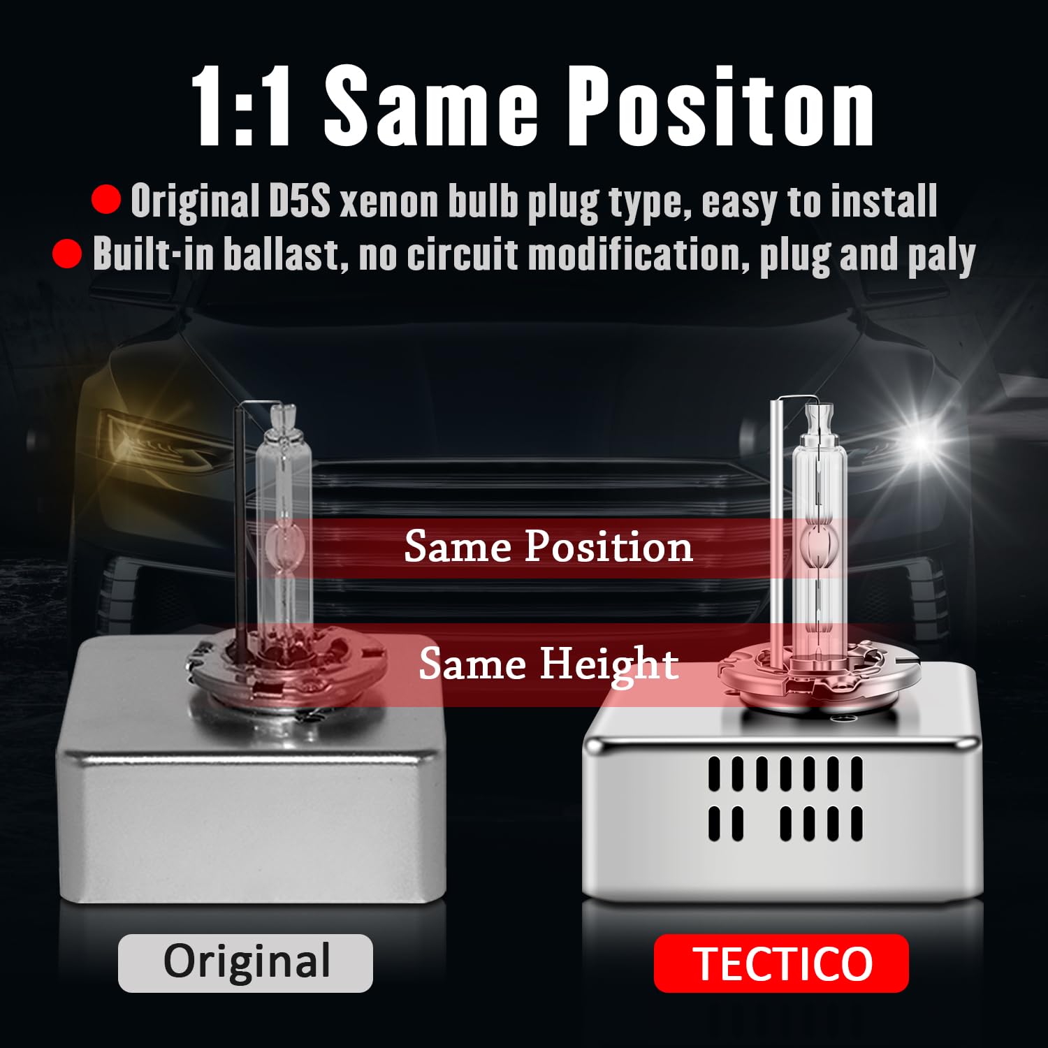 TECTICO D5S Ampoules Xenon 35W 6000K Blanc Diamant +300% Ultra Brillant D5S Kit de Conversion HID 12V DC avec Base Métallique Ampoule d'amélioration des phares, 1 Lampe