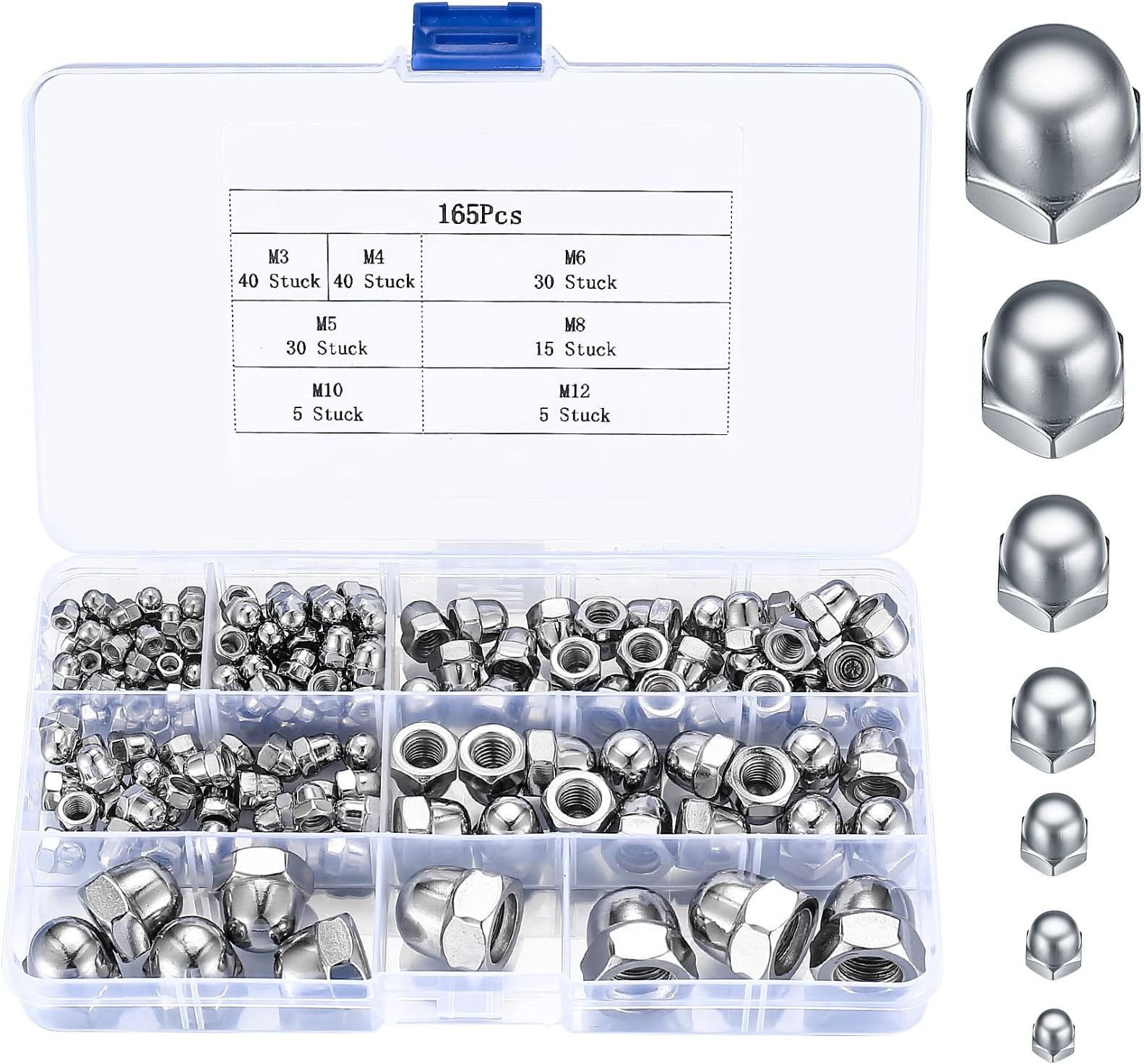 165 Pcs Acorn Dome Cap Nuts, stainless steel Acorn Thread Hex Caps Head Nuts Assortment KitAcorn Decorative Hex Cap Nutss - M3/M4/M5/M6/M8/M10/M12(silver/stainless steel)