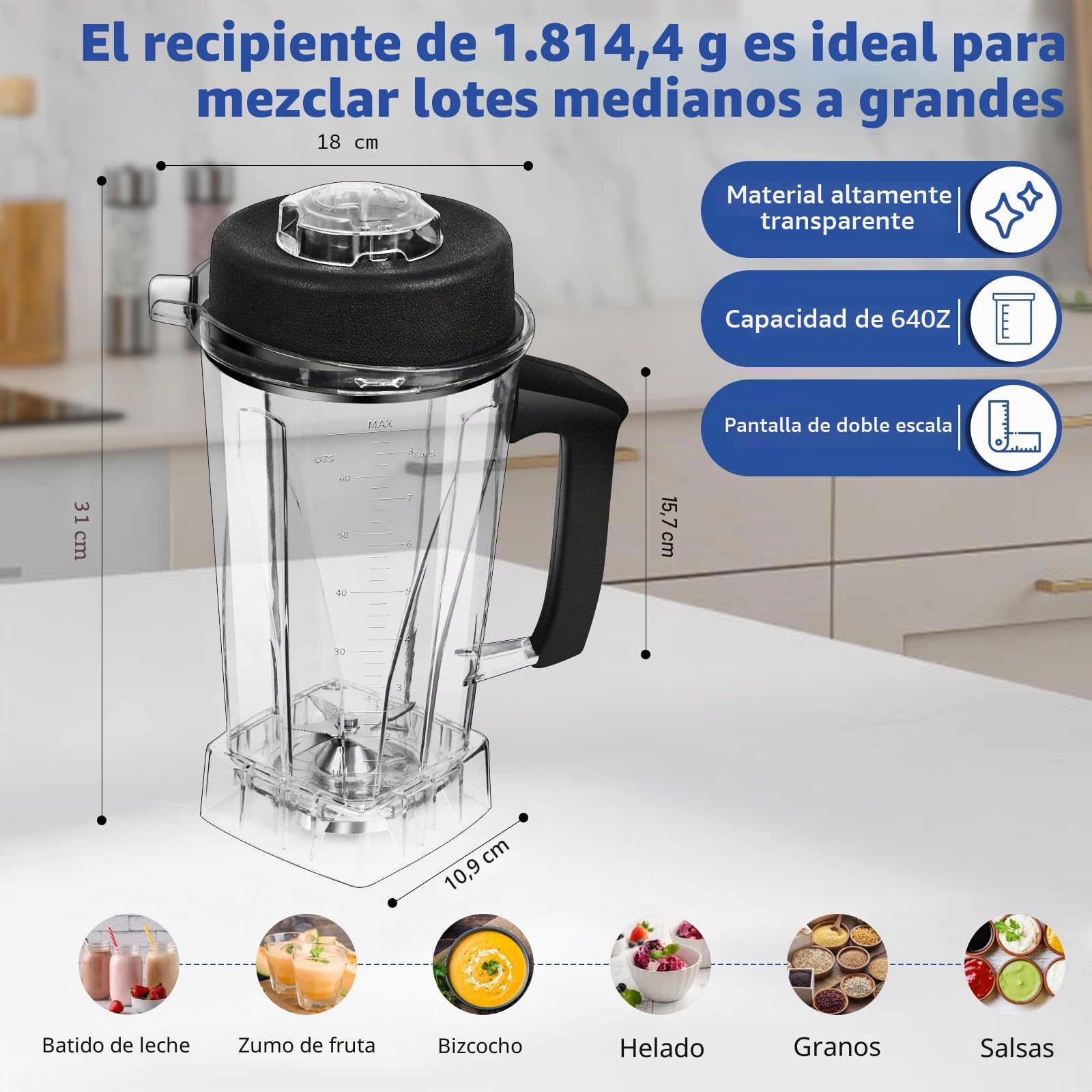 Contenedor de 64 onzas para jarra de licuadora Vitamix, reemplaza la clásica serie C 5200 6300 5000 5500 4200 4500 750 vaso para licuadora Vitamix con montaje de cuchilla y manipulación