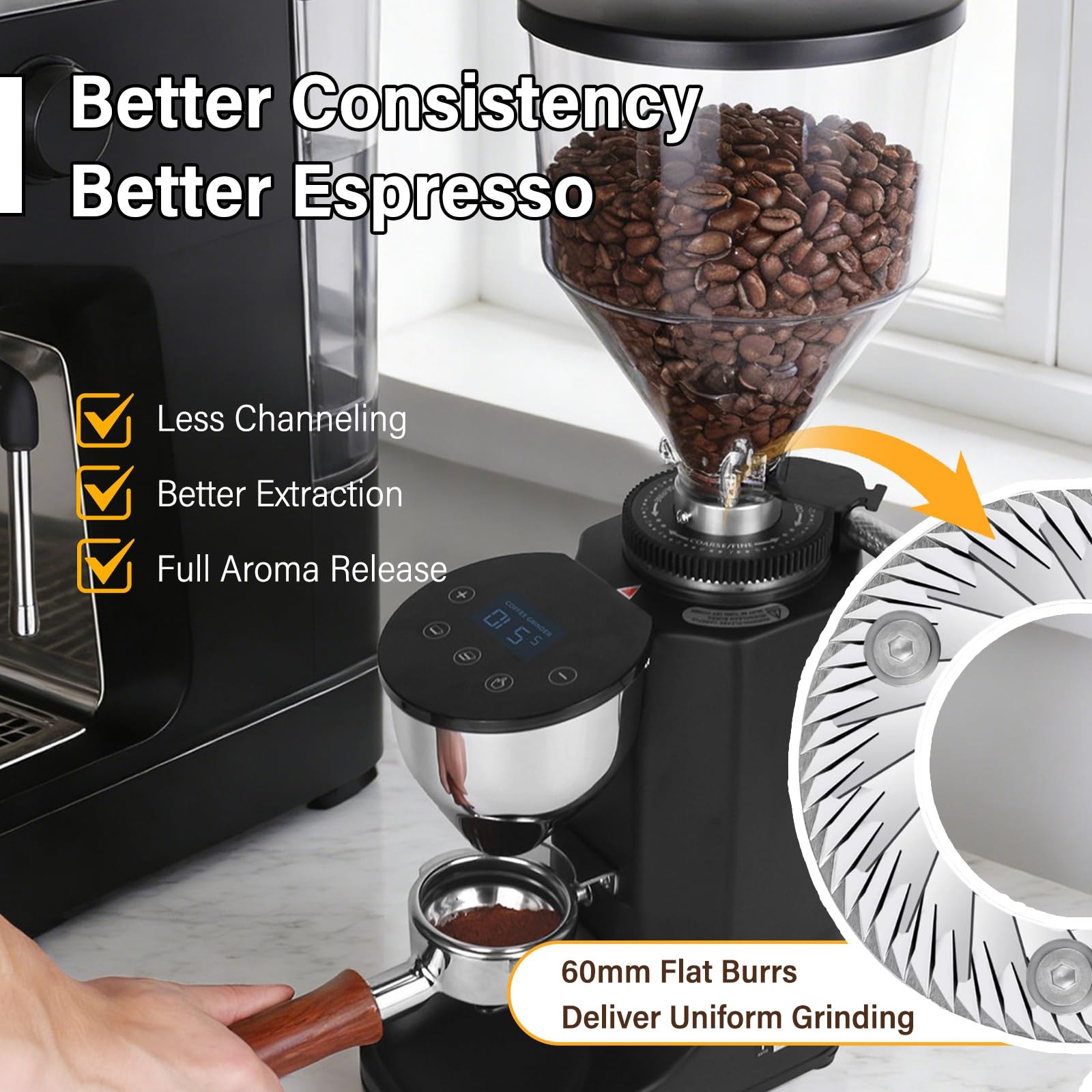 Młynek Do Kawy Z Płaskimi żarnami, Młynek Do Espresso Z Precyzyjną Regulacją, Automatyczne Dozowanie, Cicha Praca I Pojemnik 500 G(Black)