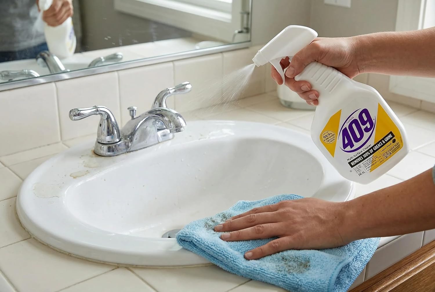 409 Multi-Surface Antibacterial Cleaner Degreaser Spray 32 Fl Oz, Lemon Scent, Kills 99.9% of Germs and Viruses bundled with Microfiber Cleaning Cloth