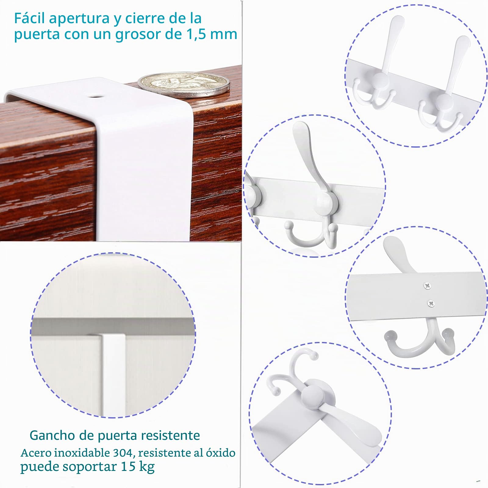 LYLIN Perchero Puerta, Colgador Puerta en Acero Inoxidable con 15 Ganchos, para Marco de 2 cm de Grosor, Ganchos de Perchero para Dormitorio Baño Pasillo y Cocina Blanco