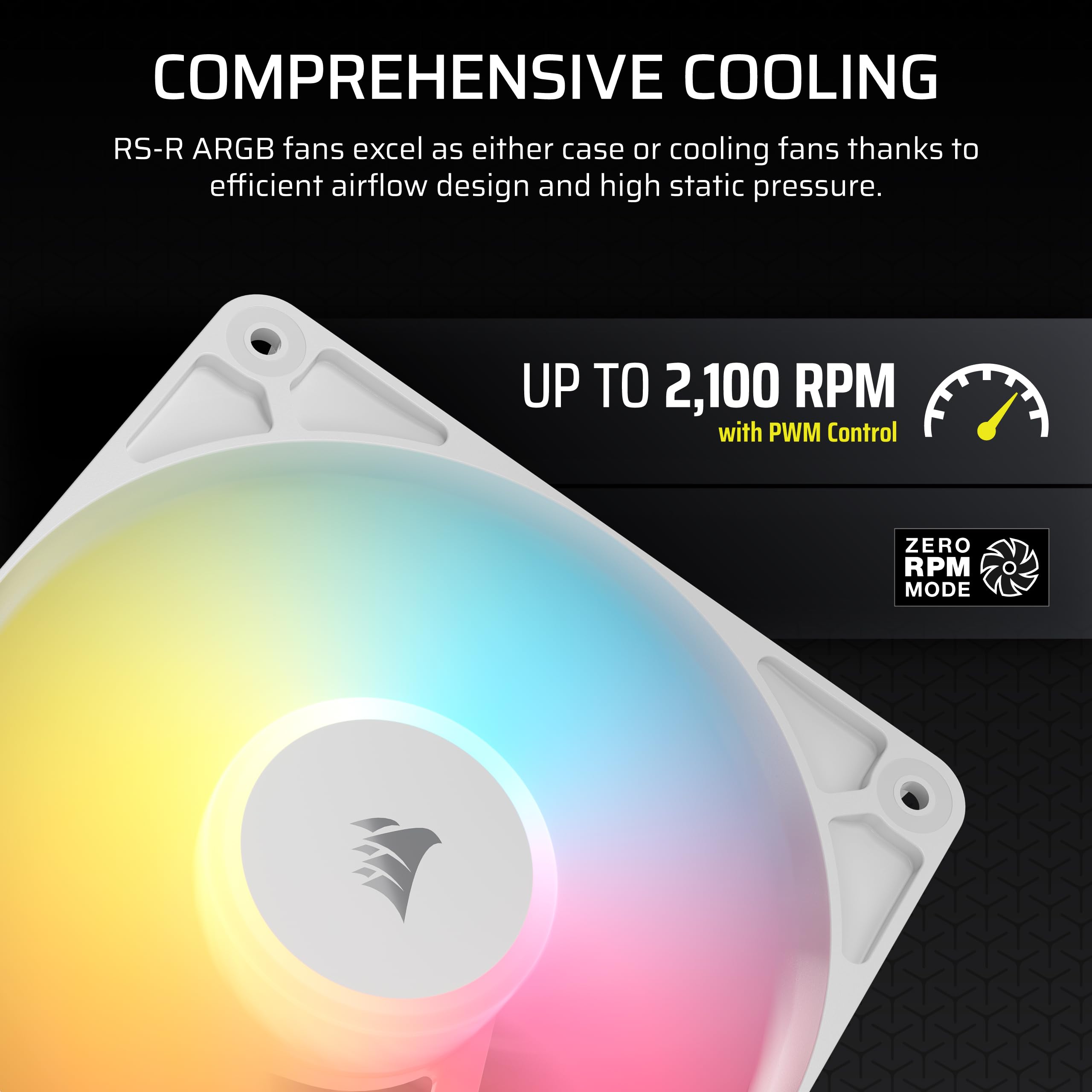 CORSAIR RS120-R ARGB 120 mm PWM Wentylatorów o Odwróconym Przepływie – Odwrócone Łopatki Wentylatora, 8 Diod LED RGB — Wysokie Ciśnienie Statyczne, Tryb Zero RPM – Zestaw Potrójny – Biały