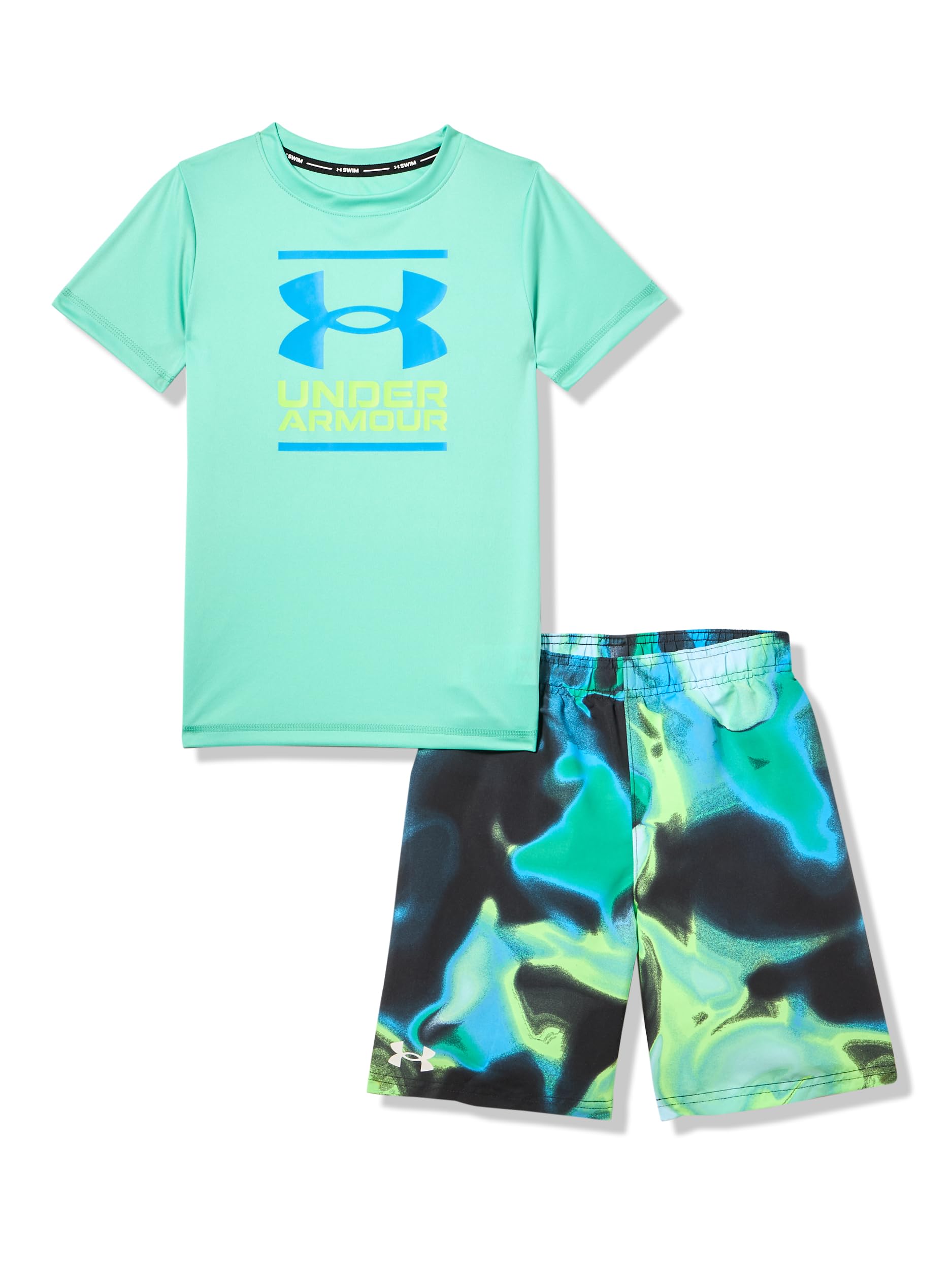 Under Armour Boys' Swim Volley Set, Sleeve Shirt & Matching Shorts, Lightweight & Breathable Rash Guard Set Bambini e ragazzi