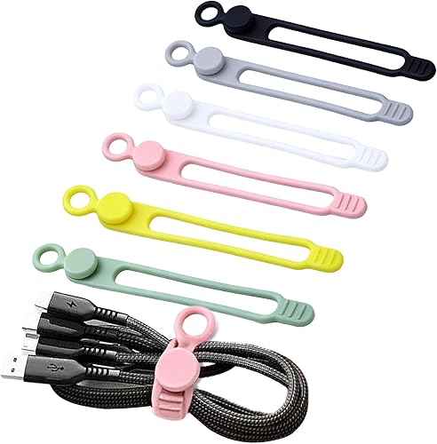 6 correas organizadoras de cables de silicona  6 colores reutilizables para cables de datos, cargadores, auriculares y dispositivos electrónicos