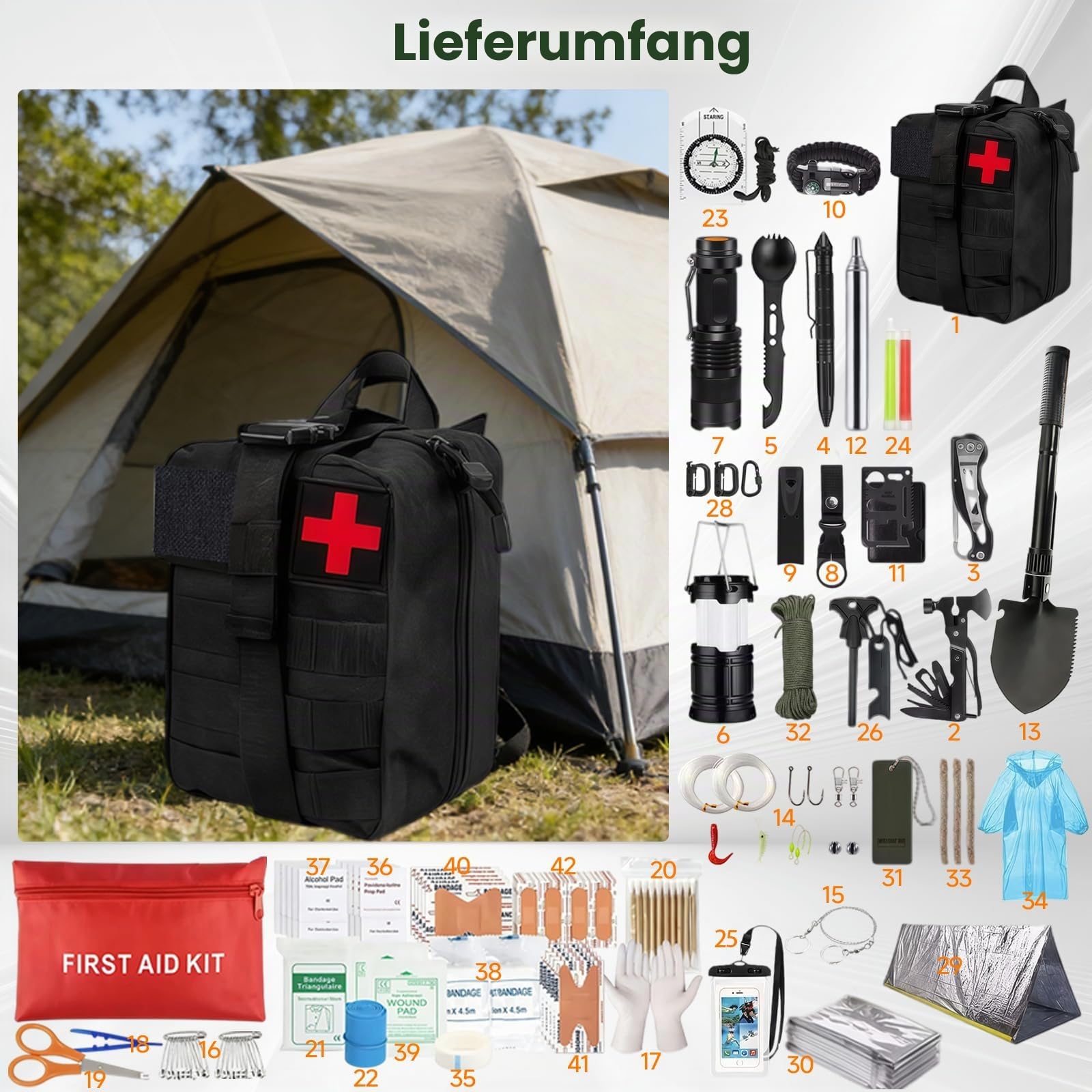 Außen Survival Kit, 235PCS Notfall Ausrüstung mit Erste Hilfe Set | Survival Ausrüstung mit Multitool Hammer Axt, Camping Zubehör, Klappspaten, Geschenke für Männer Camping, Abenteuer, Wandern