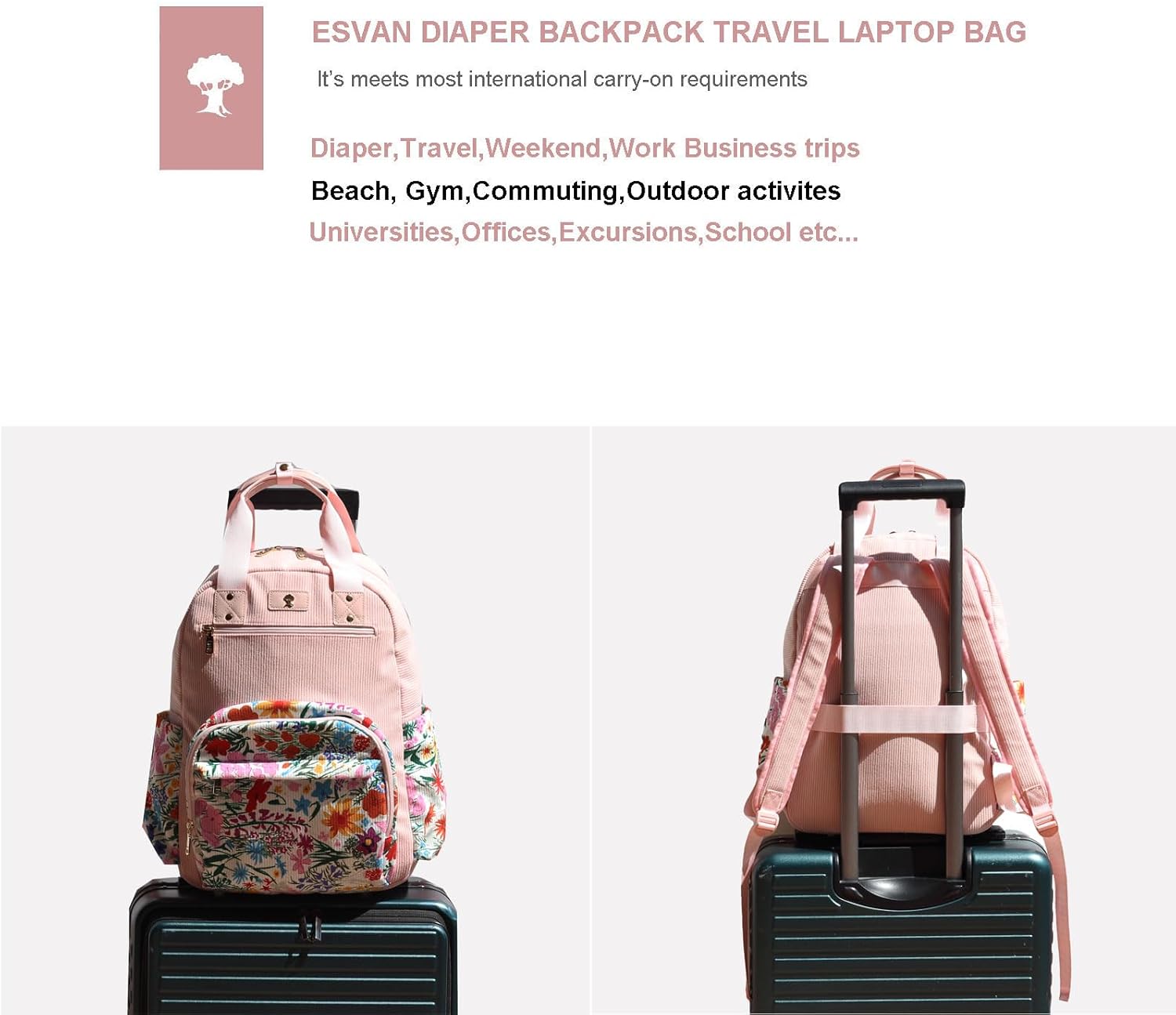 ESVAN Diaper Bag Backpack, Large Capacity Multifunction Baby Essentials Fashion Travel Pack Linen Canvas office Laptop Bag (Corduroy A Pink Flower)