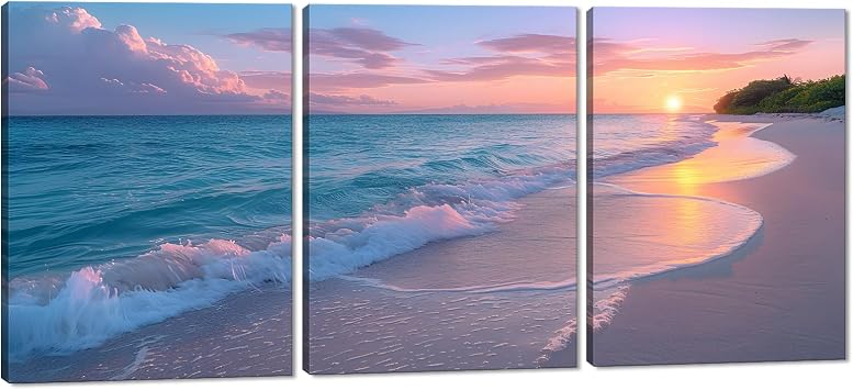 Novatique Beach Pictures Canvas Wall Art Blue and Pink Ocean Wall Decor Sea View Canvas Print Artwork Seascape Wall Art for Living Room Bedroom Ready to Hang, 12"x16"x3Pcs