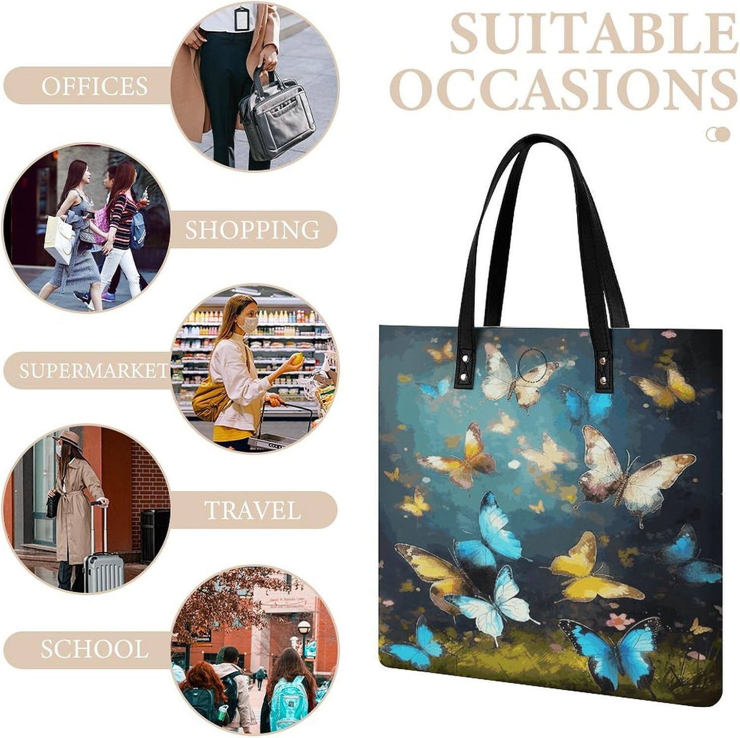 Butterflies Handbags Large Capacity, Tote Bag Stylish Slouchy, Shoulder Bags for Work Beach Travel And Shopping Grocery.