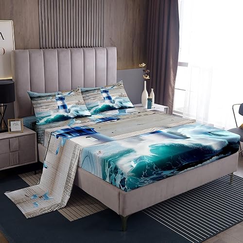 Erosebridal Lighthouse Bed Sheets Set Queen Size,Sea Ocean Wave Bedding