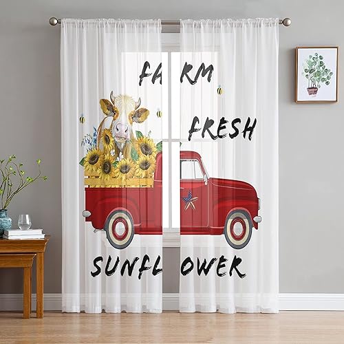 Miniatura 3 de Semi Sheer Curtains Panel 108 Inch Length, Country Truck Carrying Scalper Sunflower Voile Chiffon Rod Pocket Window Treatment Drapes, Cortinas Light
